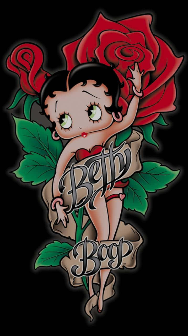 「卡通之王——貝蒂·布oop！」 壁紙 — 經典卡通角色 Betty Boop 緊抓著一朵帶有綠葉的大紅玫瑰，背景為黑色。