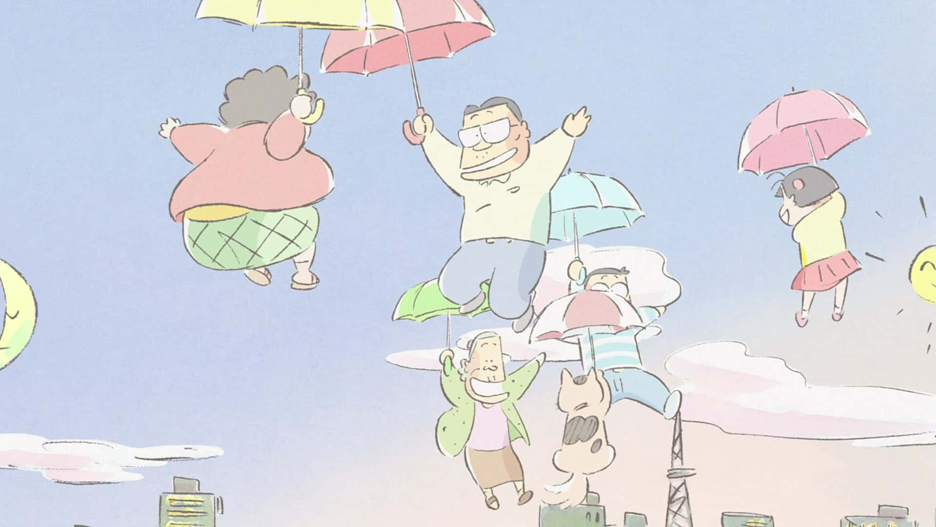My Neighbors The Yamadas 桌布 壁紙 — 卡通人物喺粉彩色天空上快樂咁漂浮，喺城市景觀上面揸住彩色雨傘。