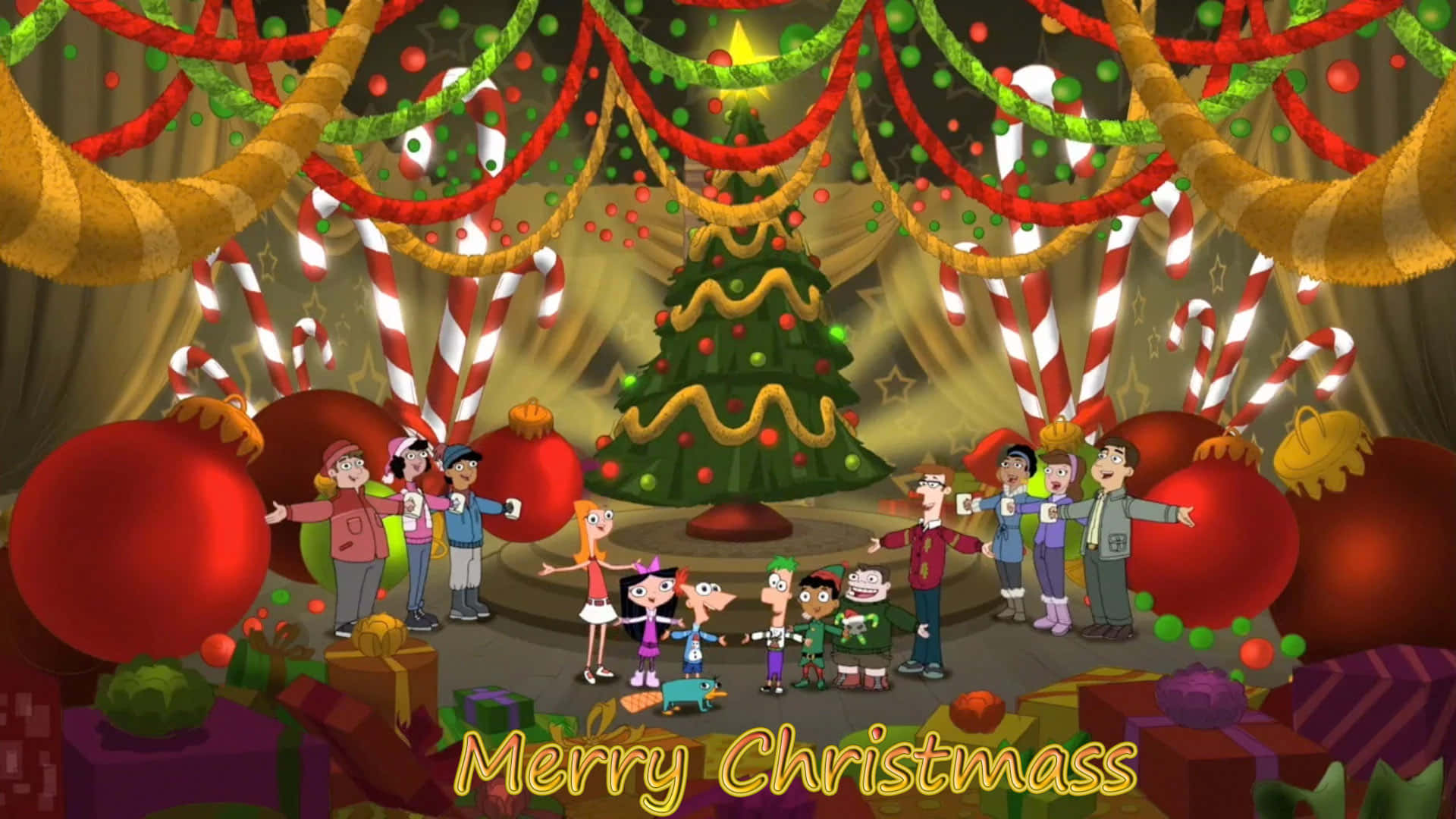 3d Christmas 桌布 壁紙 — 卡通人物圍繞著裝飾有拐杖糖和巨型裝飾品的聖誕樹慶祝聖誕節。