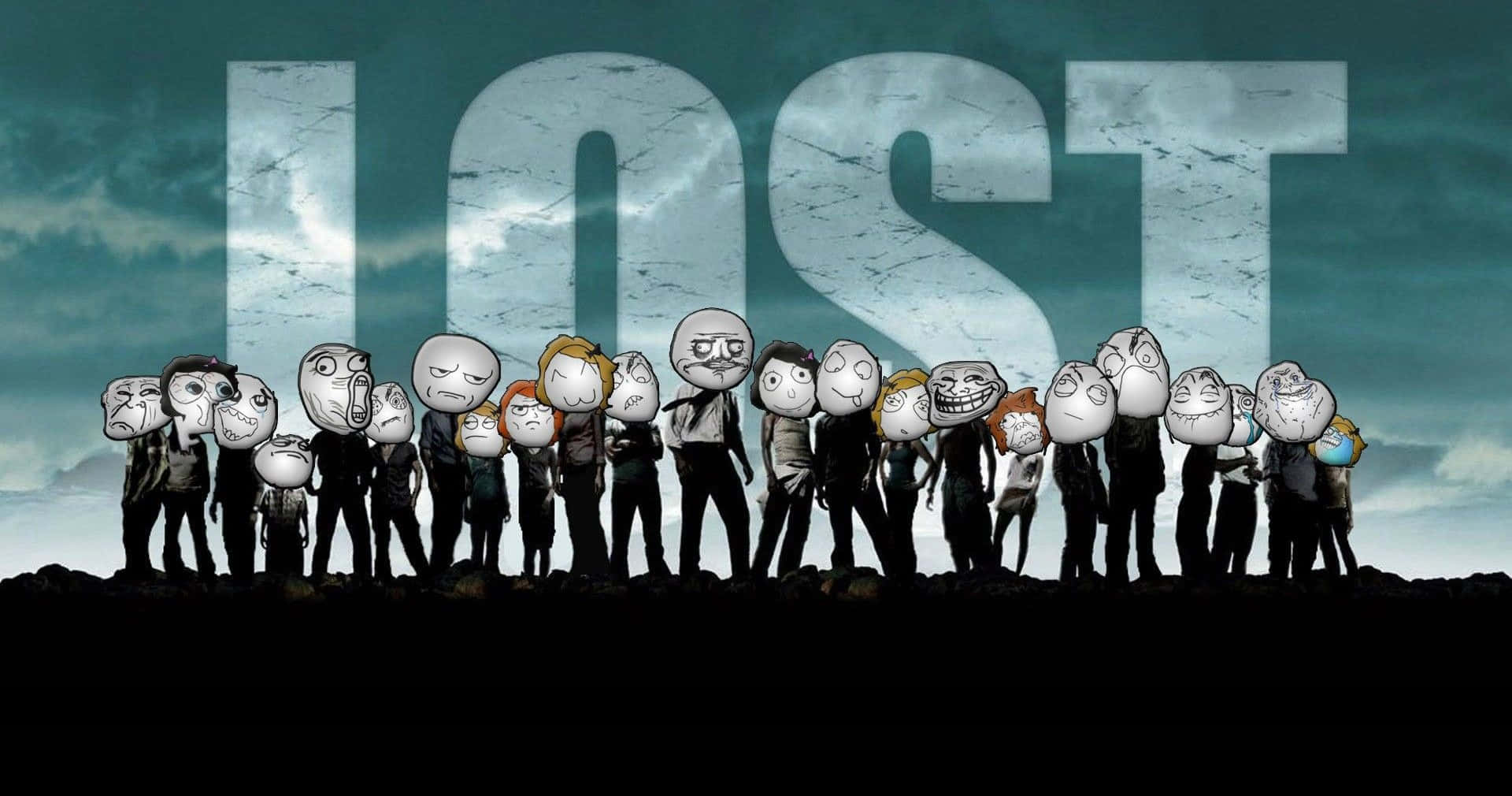 一群卡通人物喺暴風雨天氣下，喺一個「LOST」標誌下面露出有趣嘅表情。
