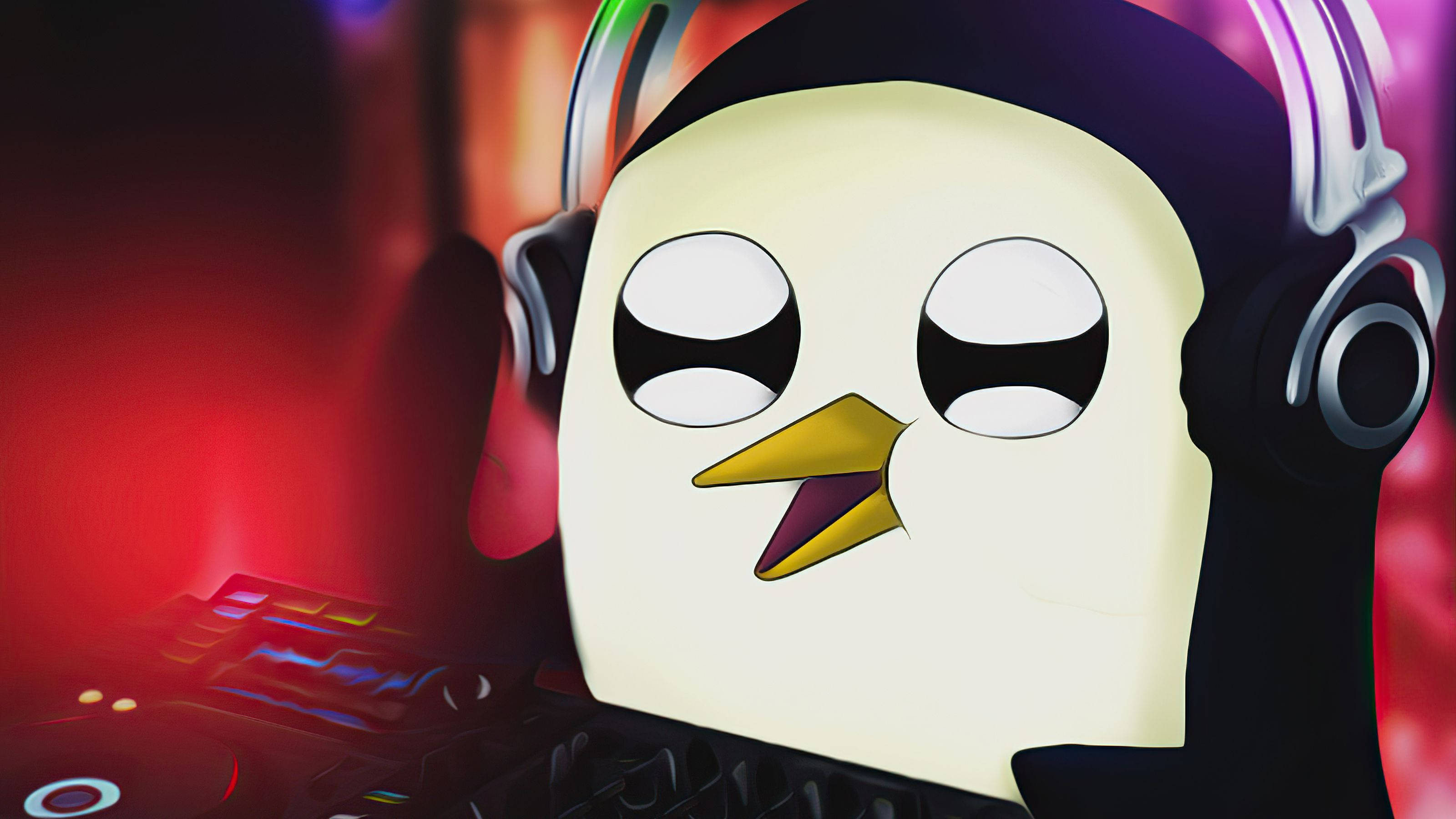 DJ Gunter Adventure Time 壁紙 — 卡通企鵝DJ戴著耳機，在霓虹燈俱樂部中微笑著混音。