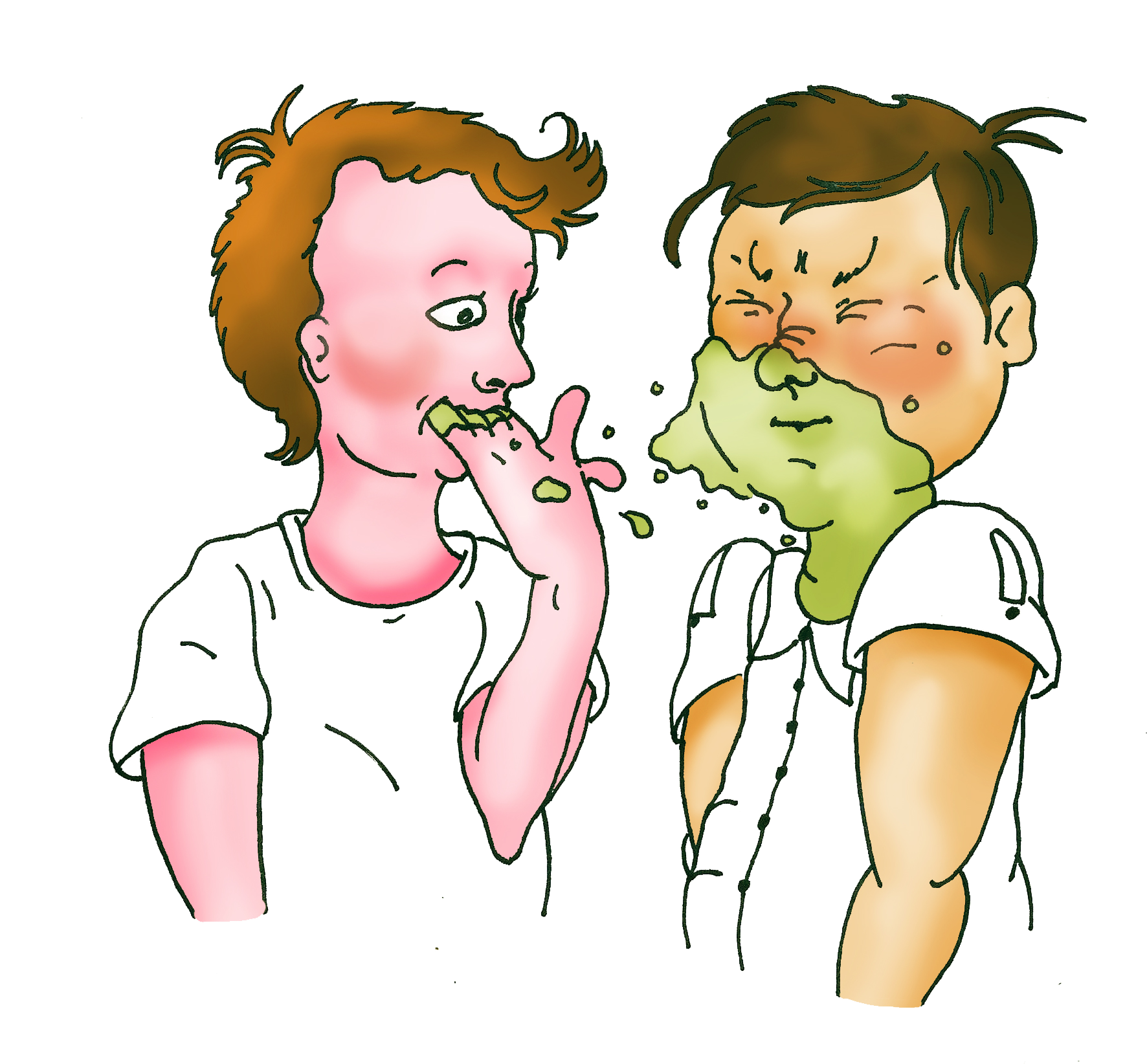 卡通兒童嘔吐插圖 壁紙 — 兩個卡通小孩，一個在吃綠色黏液，另一個被它濺到，背景為黑色。