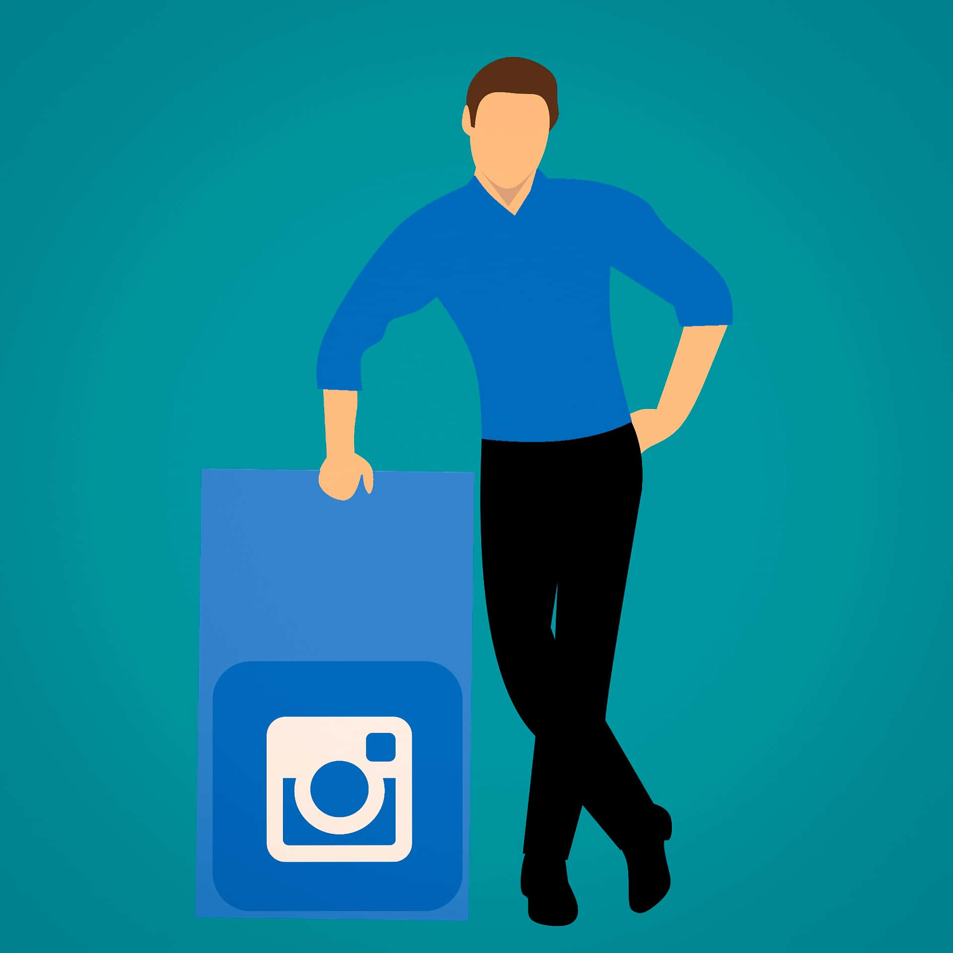 男士靠在青綠色背景上的Instagram標誌圖示旁邊