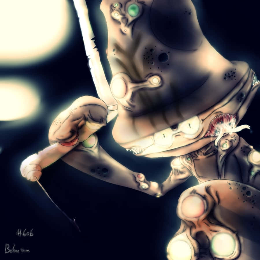 卡通化 Beheeyem 壁紙 — 一幅超現實的數碼藝術作品，描繪了一個生物機械生物，擁有發光的綠色眼睛和暴露的內臟器官，背景是帶有柔和光球的黑暗環境。