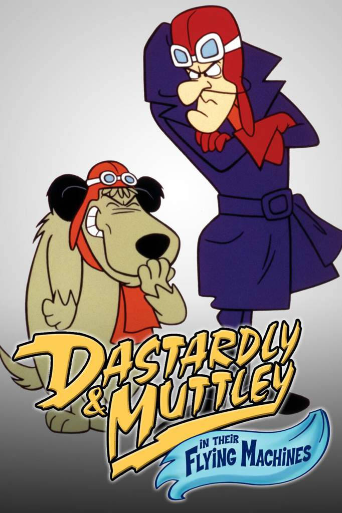 卡通反派 Dastardly 與 Muttley 壁紙 — 兩個戴紅色護目鏡、穿紫色服裝的卡通反派，在灰色背景上以粗體黃色標題文字威嚇地站立。
