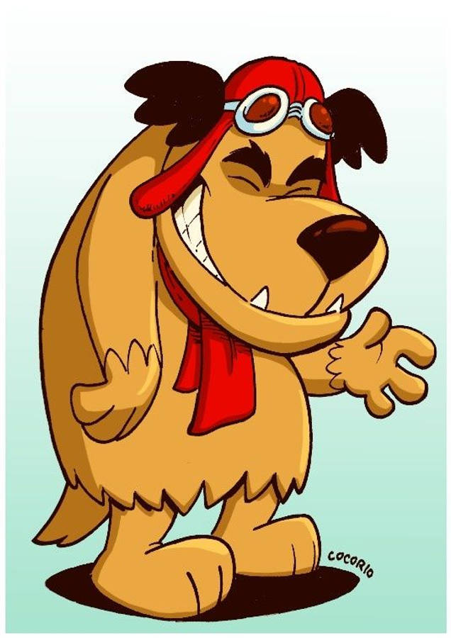 卡通反派 Muttley 動畫迷藝術 壁紙 — 一隻穿著紅色飛行裝備的開心卡通狗，在淺藍色漸變背景上張開雙臂咧嘴大笑。