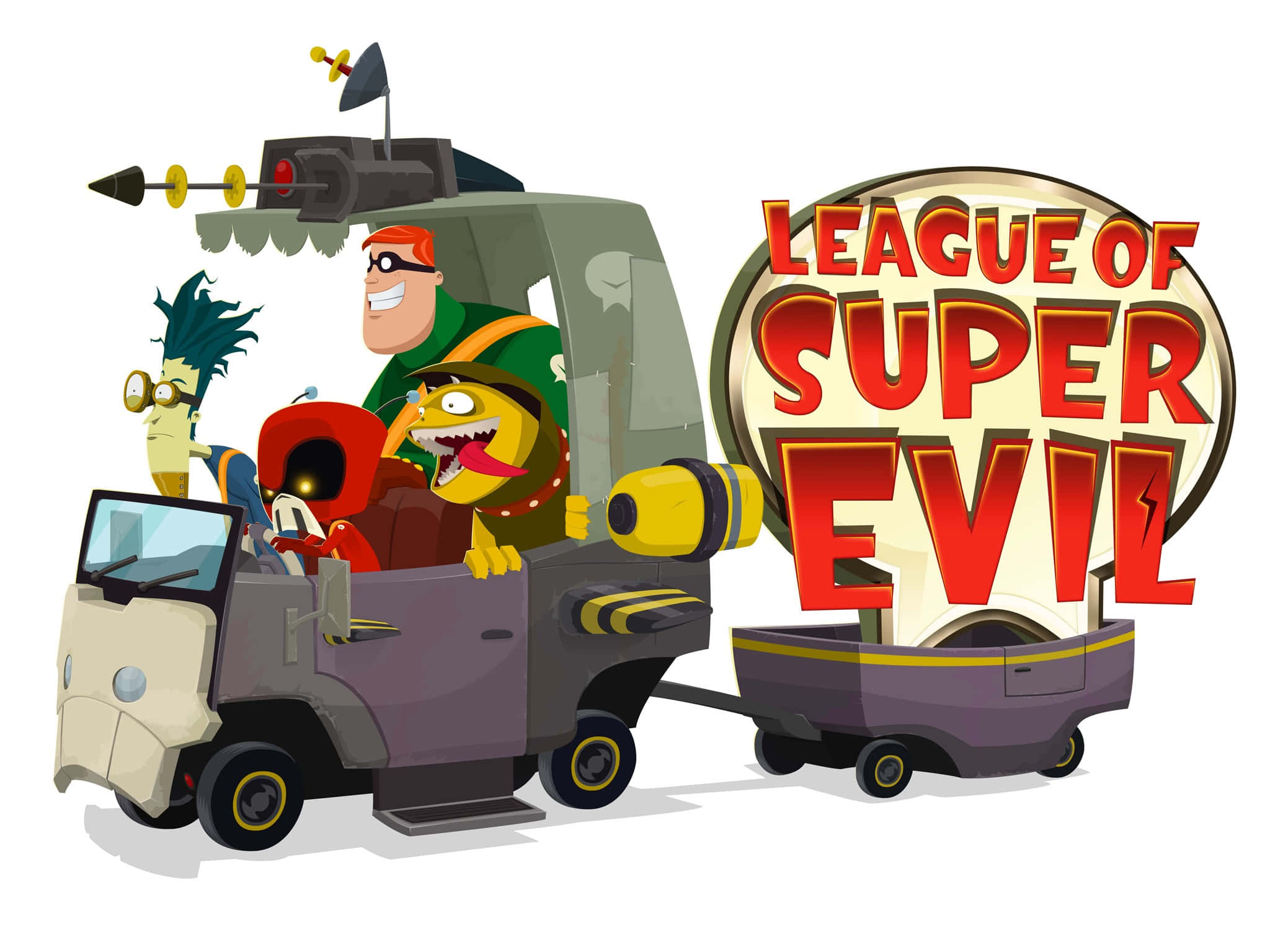 The League Of Super Evil 桌布 壁紙 — 卡通反派喺一架古怪嘅車上面，有『League of Super Evil』標誌。