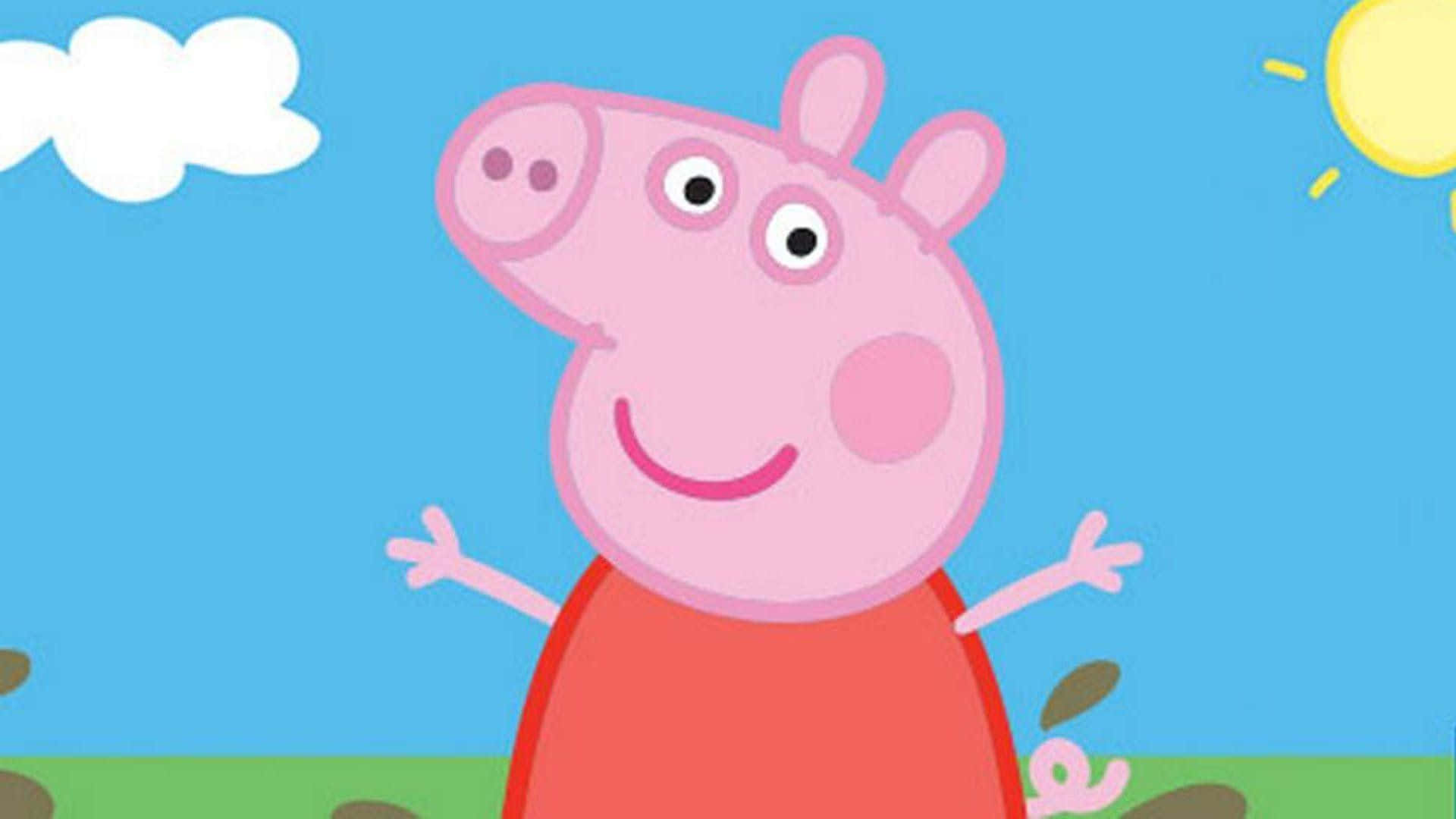 Peppa Pig 喺陽光普照嘅戶外場景中張開雙臂微笑。