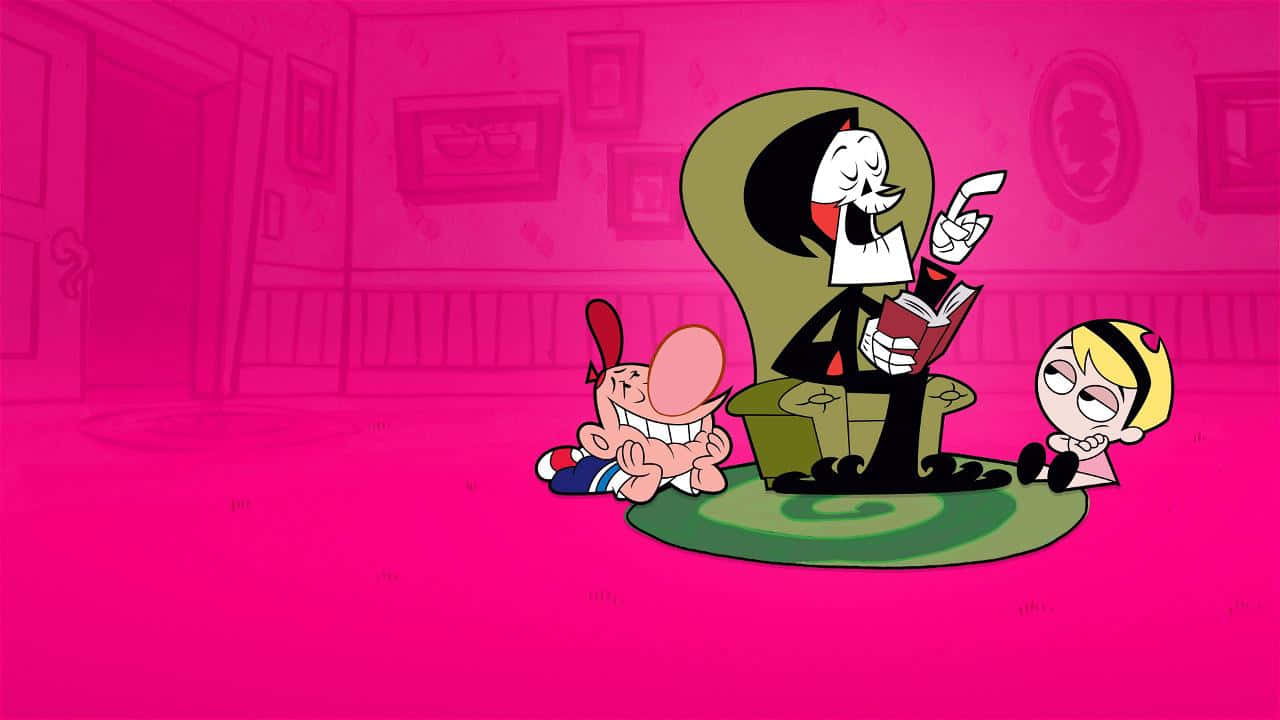 the grim adventures of billy and mandy 桌布 壁紙 — 卡通吸血鬼在粉紅色房間的地毯上讀書，兩個孩子在笑。