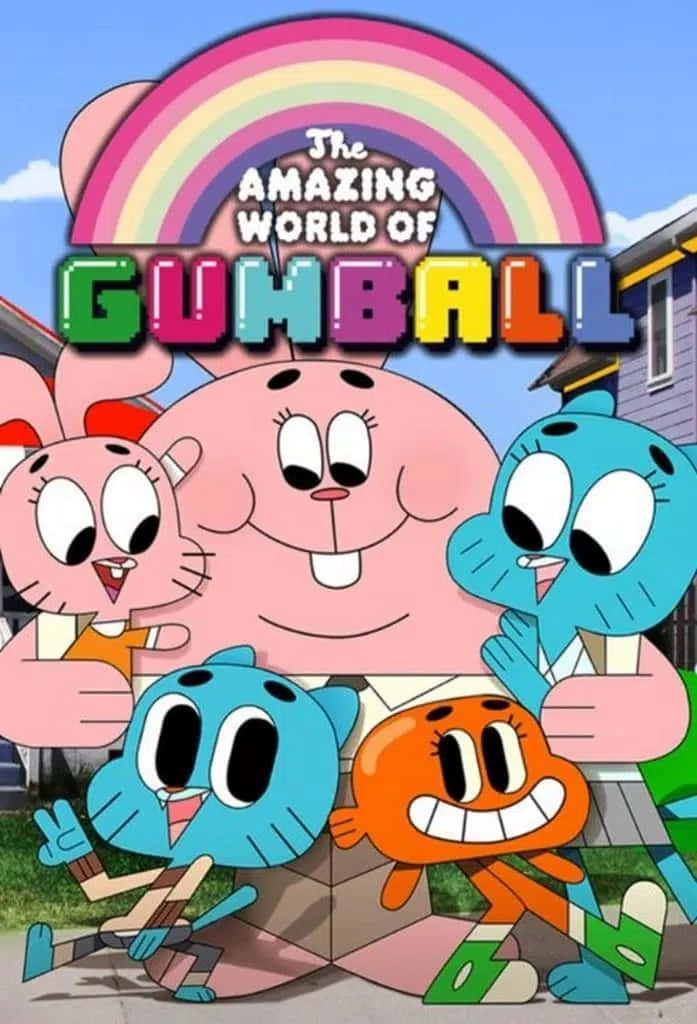 the amazing world of gumball 桌布 壁紙 — 卡通四口之家，大眼，頭上有彩虹拱門，屋前。