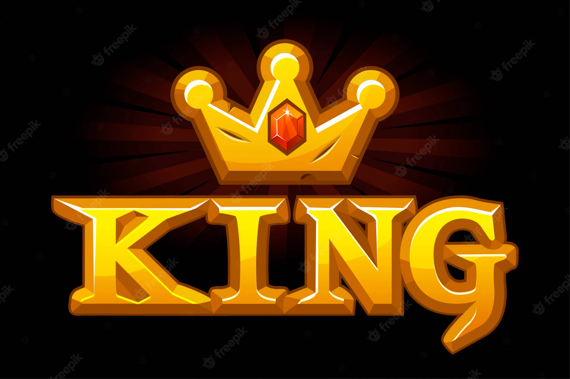 金色皇冠和king文字標誌，帶有紅色寶石，位於深色背景上。