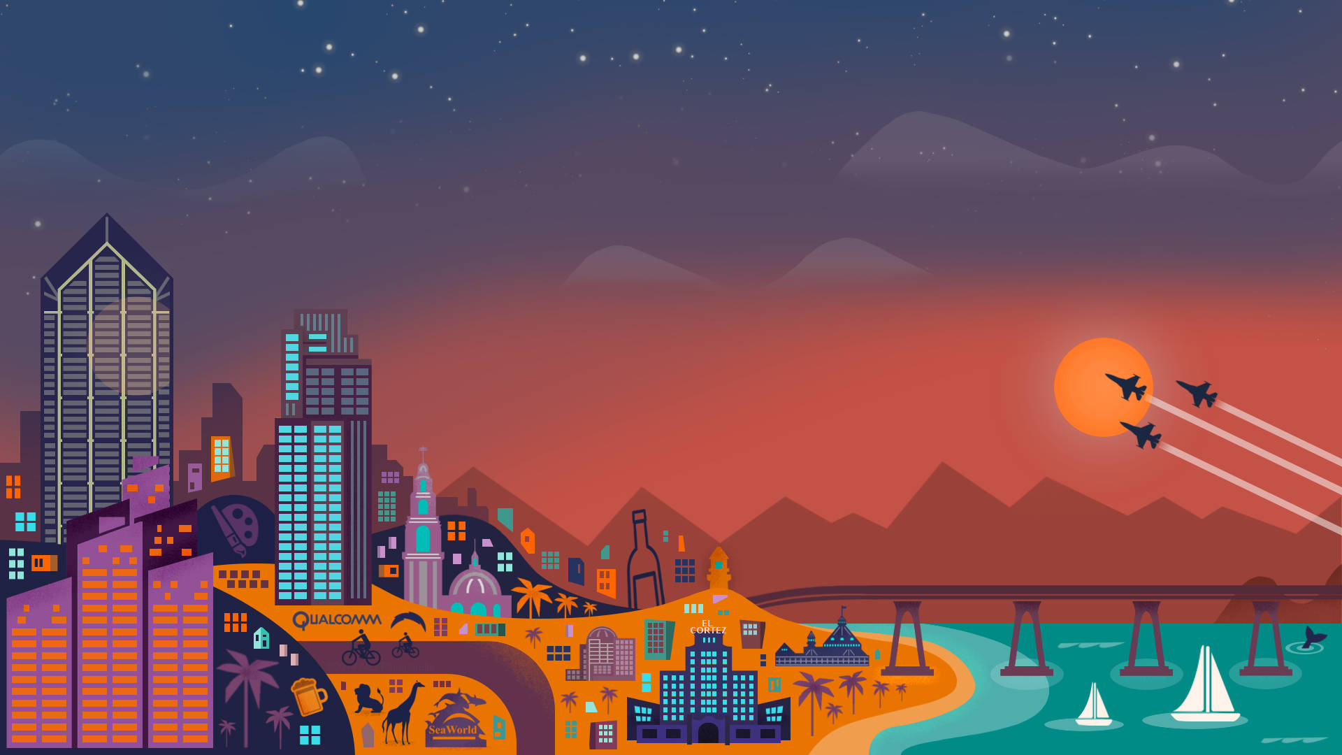 卡通城市風景 Chromebook 美學壁紙 壁紙 — 日落時分充滿活力的插圖城市景觀，有飛行的噴射機和帆船，在星空下。