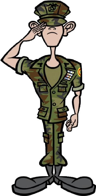卡通士兵敬禮 壁紙 — 一個穿著迷彩服的卡通士兵在黑色背景下嚴肅地敬禮。
