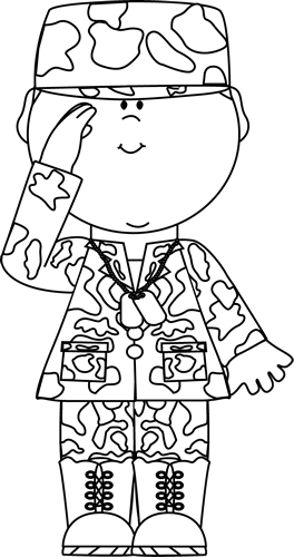 卡通士兵敬禮線稿圖 壁紙 — 一個穿著迷彩服的開心卡通士兵，用飾有星星的袖子和狗牌敬禮。