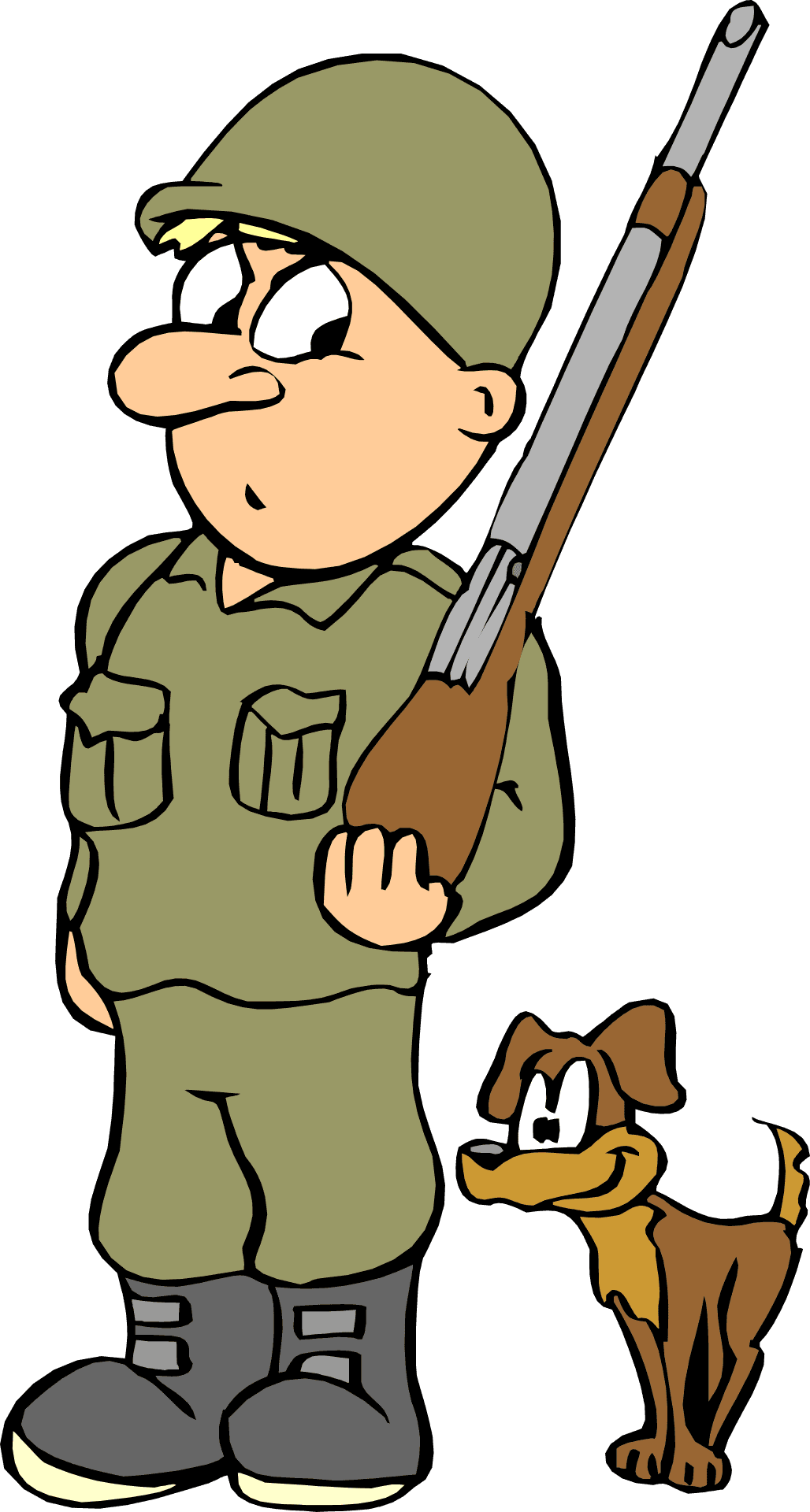 卡通士兵與狗 壁紙 — 一個卡通士兵穿著橄欖色制服，手持步槍，一隻棕色狗站在他旁邊，兩者都睜大眼睛。