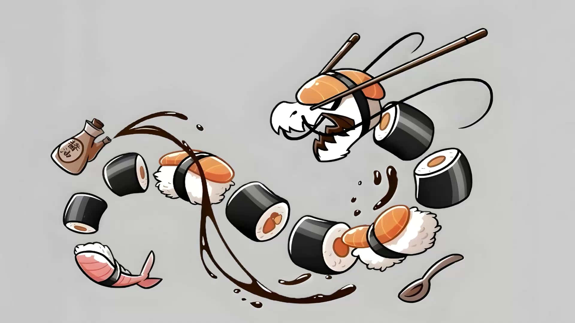 Sushi 桌布 壁紙 — 卡通壽司卷用筷子打架，醬油飛濺，壽司碎片圍繞魚和湯匙飛舞。