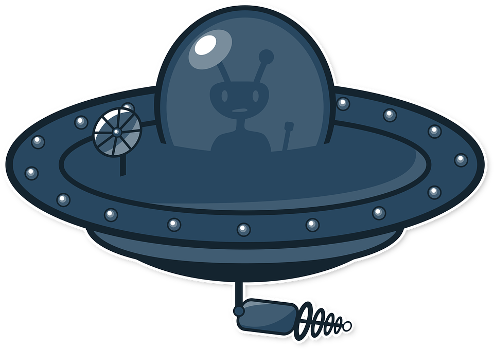 卡通外星人太空船向量圖 壁紙 — 一個卡通風格的藍色UFO，圓頂內有一個微笑的外星人，以及一個彈簧般的著陸裝置，背景為黑色。