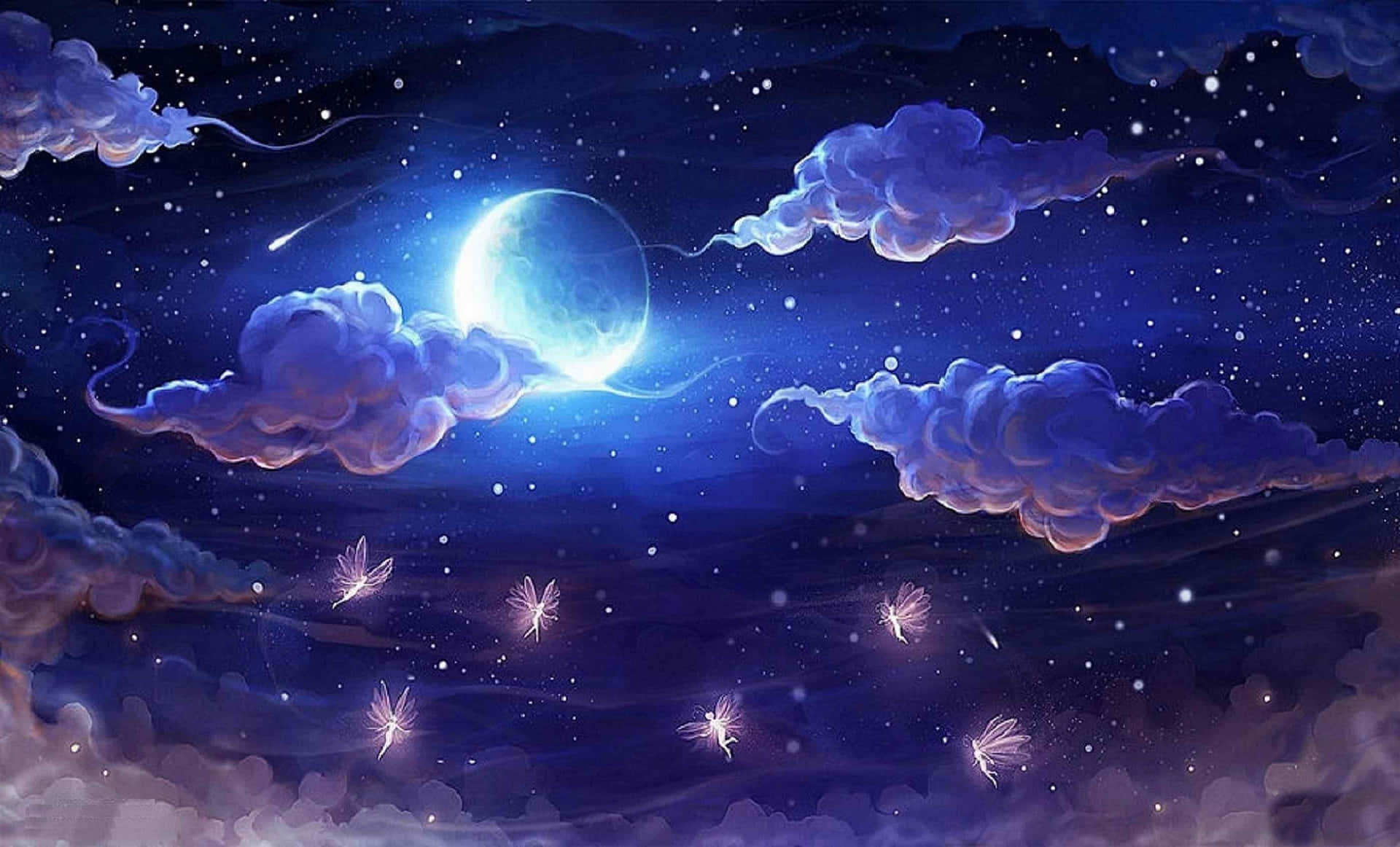 卡通夜空月圖 壁紙 — 一輪發光的彎月穿過旋轉的紫色雲層閃耀，發光的螢火蟲在夢幻夜空中的星星間起舞。