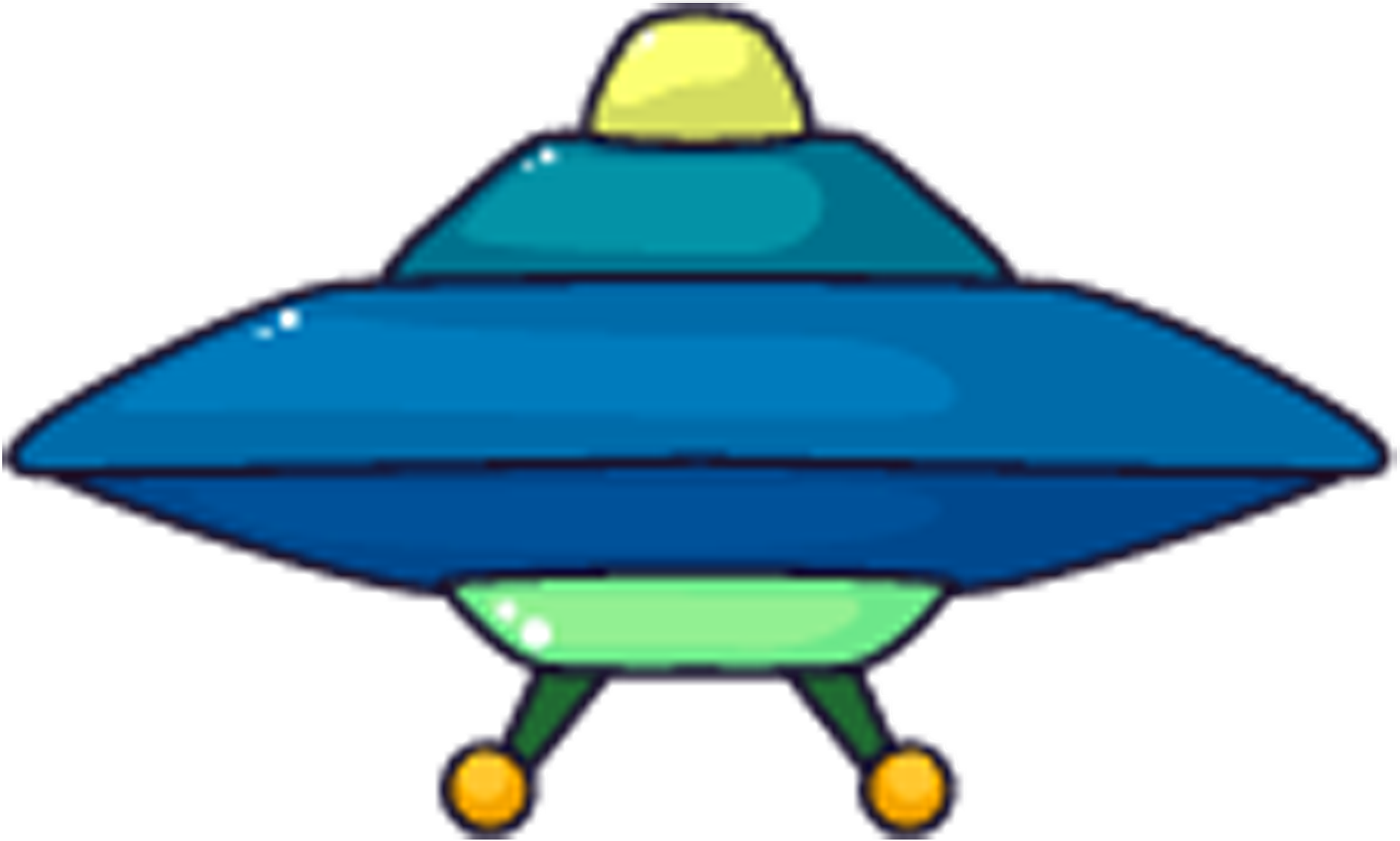 卡通太空船插圖 壁紙 — 卡通風格的藍色UFO，帶有黃色圓頂和橙色著陸燈，背景為黑色。