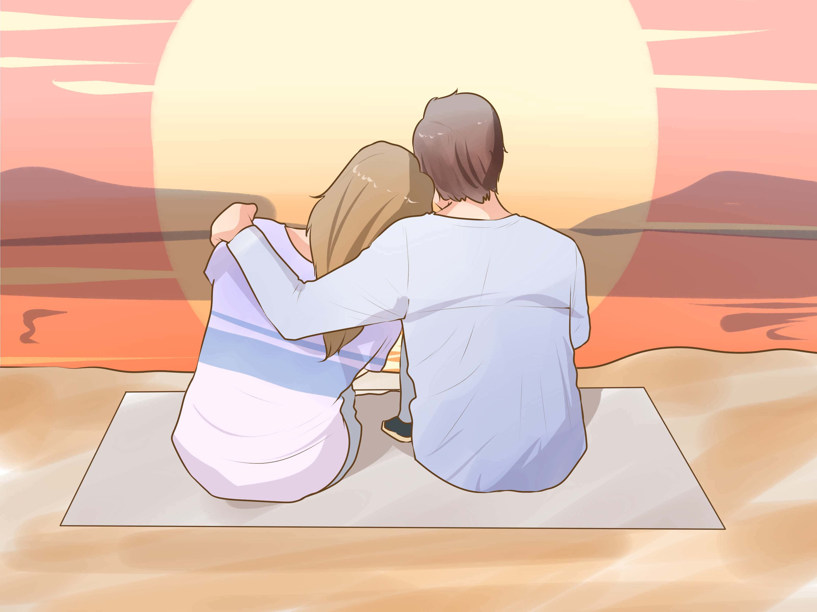 卡通夫婦觀賞夕陽 壁紙 — 一對情侶從後擁抱，坐在墊子上觀看遠處山丘上溫暖的日落。