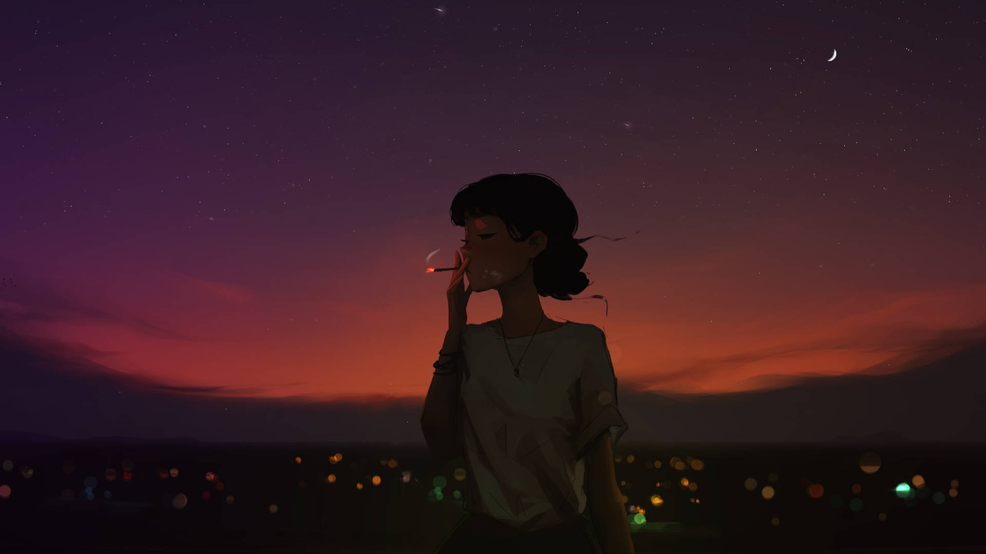 女人在暮色中抽煙，俯瞰星空下閃爍的城市景觀。