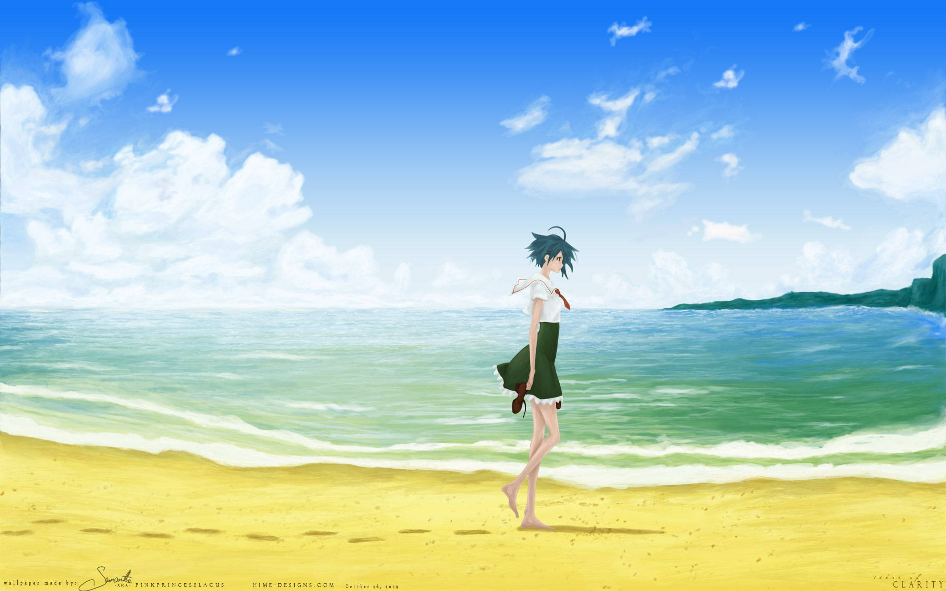 穿著校服的動漫女孩在陽光明媚的海灘上赤腳行走，有海洋和天空。