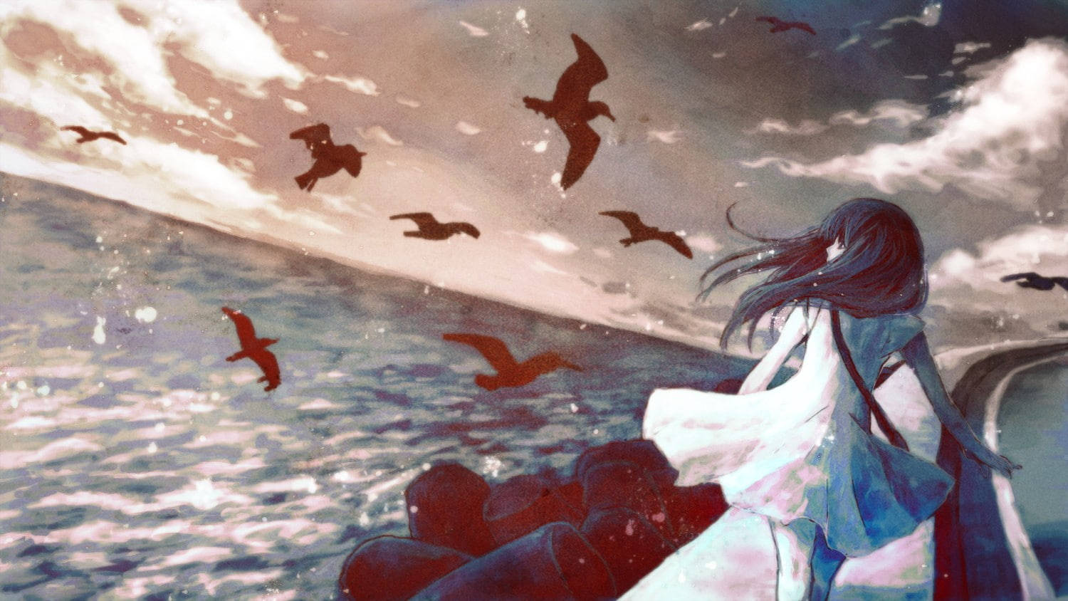 穿白色連衣裙的動漫女孩看著鳥兒在黃昏的海面上飛翔。
