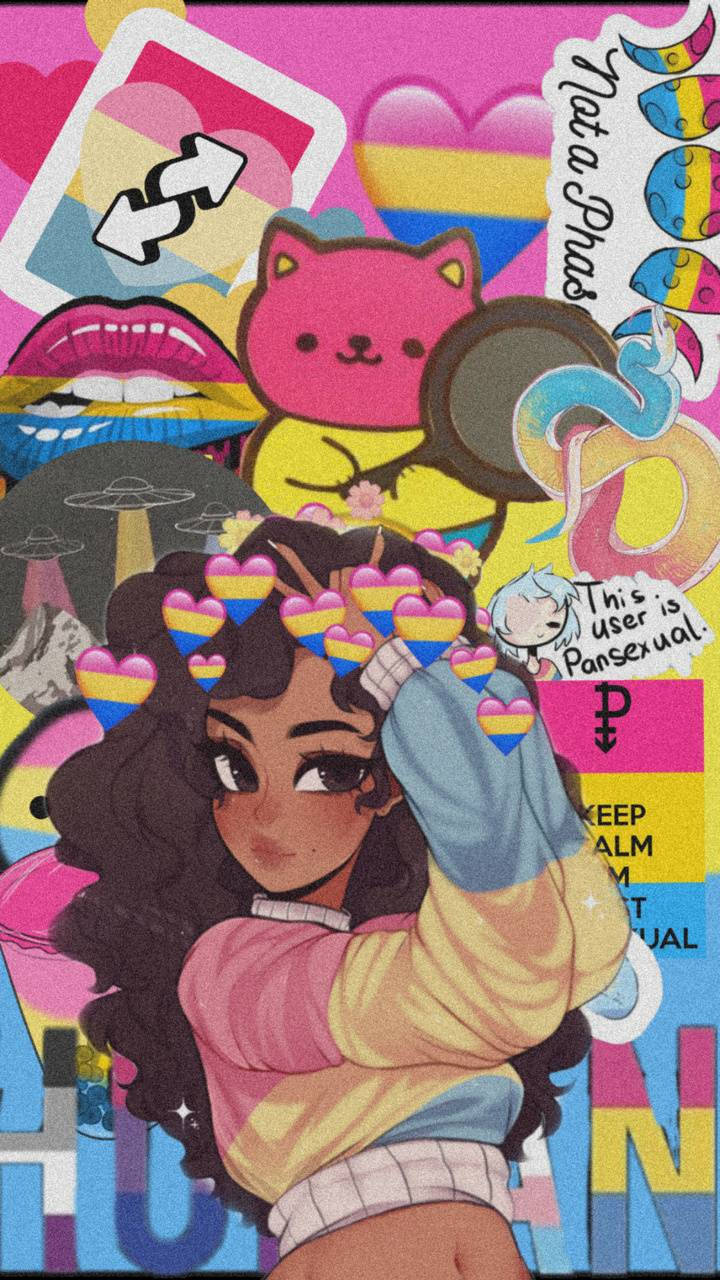 頭髮上有彩虹心形的動漫女孩，周圍環繞著LGBTQ+貼紙和符號。