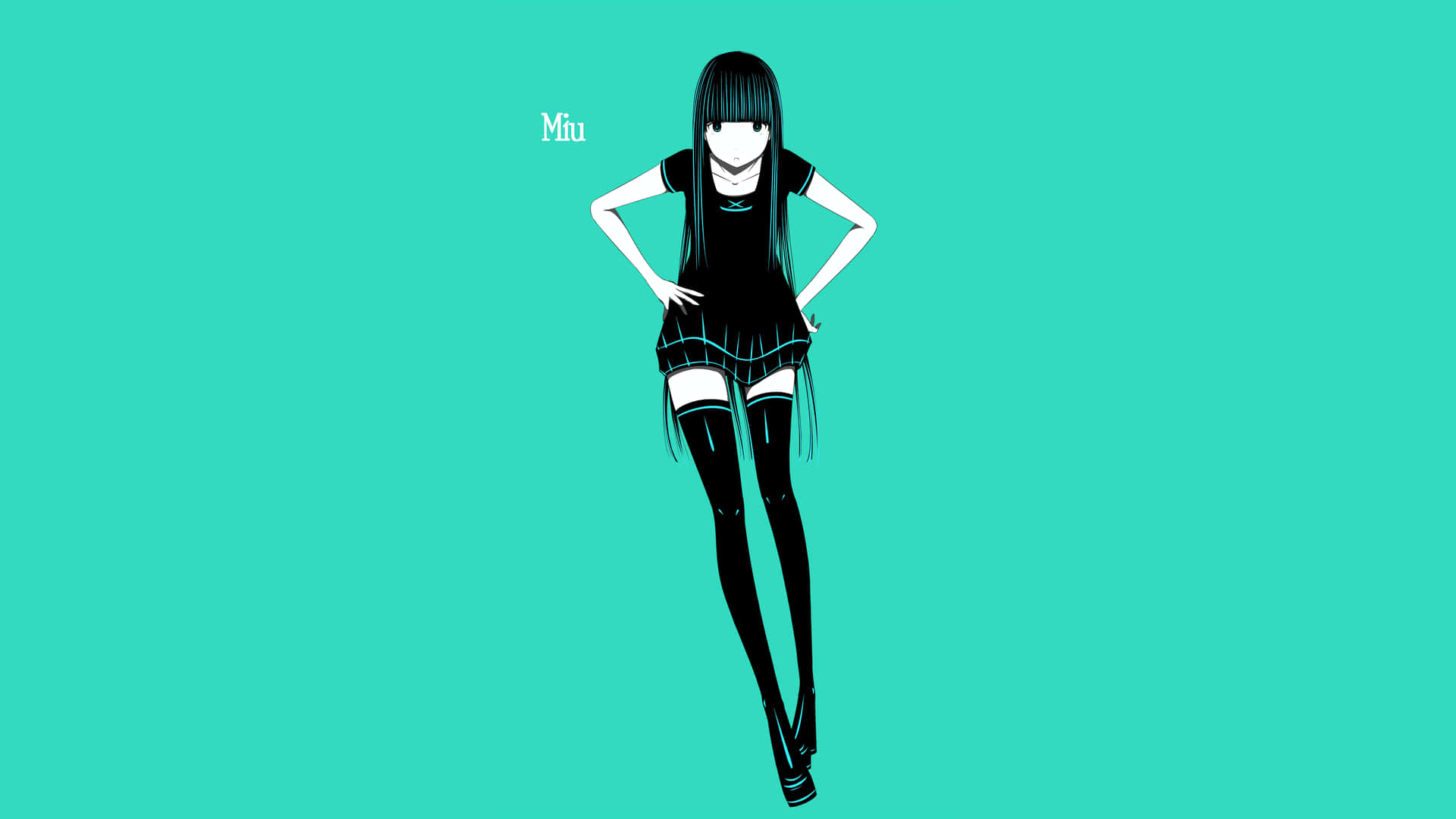 動漫女孩穿黑色服裝，青色背景