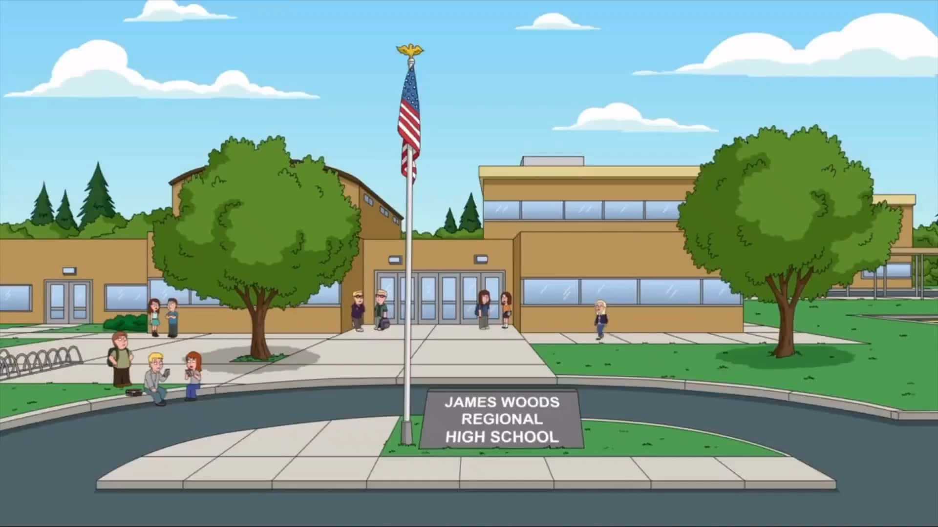 Family Guy 桌布 壁紙 — 卡通學校建築，學生在藍天白雲下的人行道上行走。