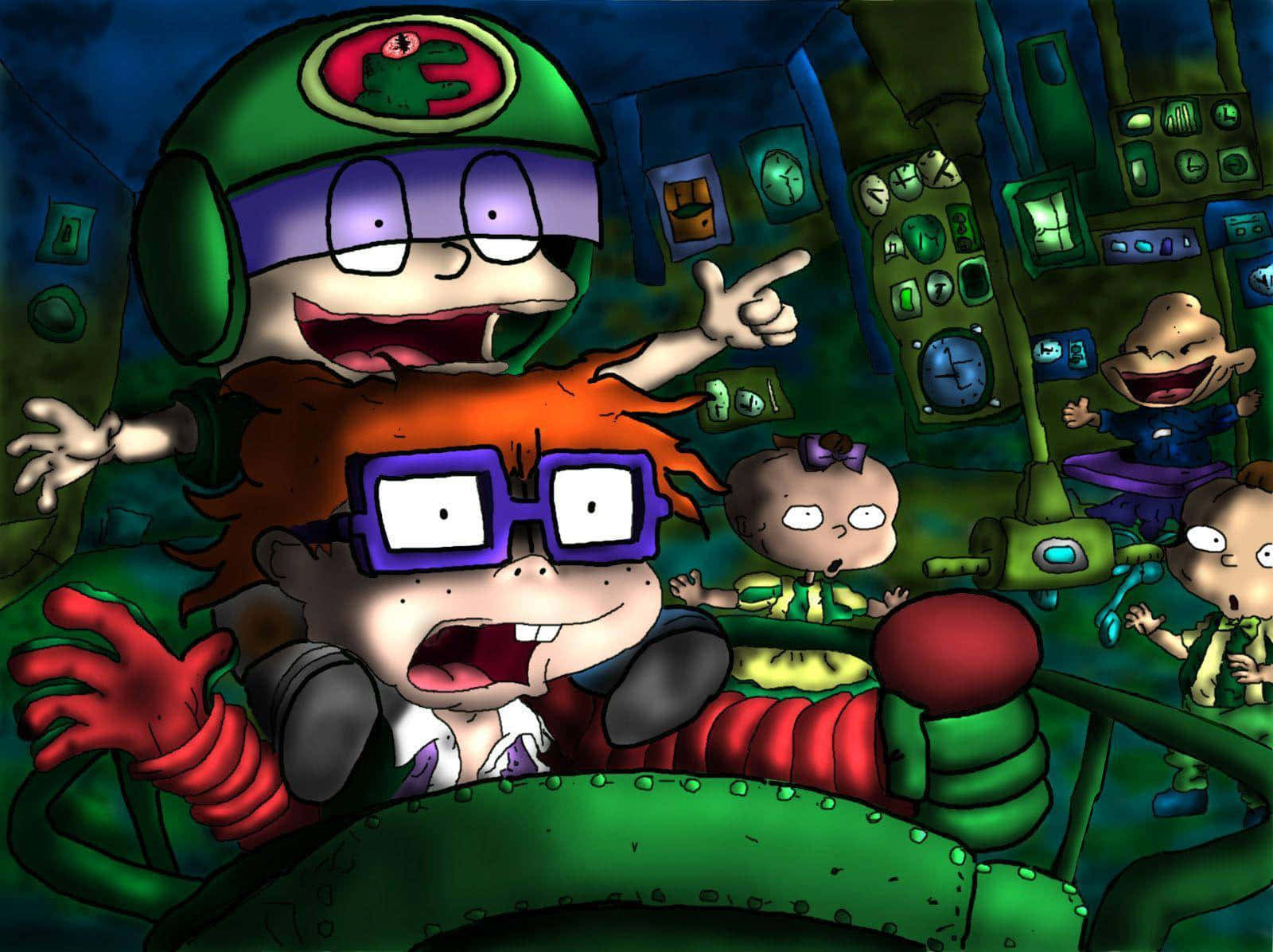 rugrats 桌布 壁紙 — 卡通小孩在綠色太空船駕駛艙內，發光控制裝置和興奮表情。