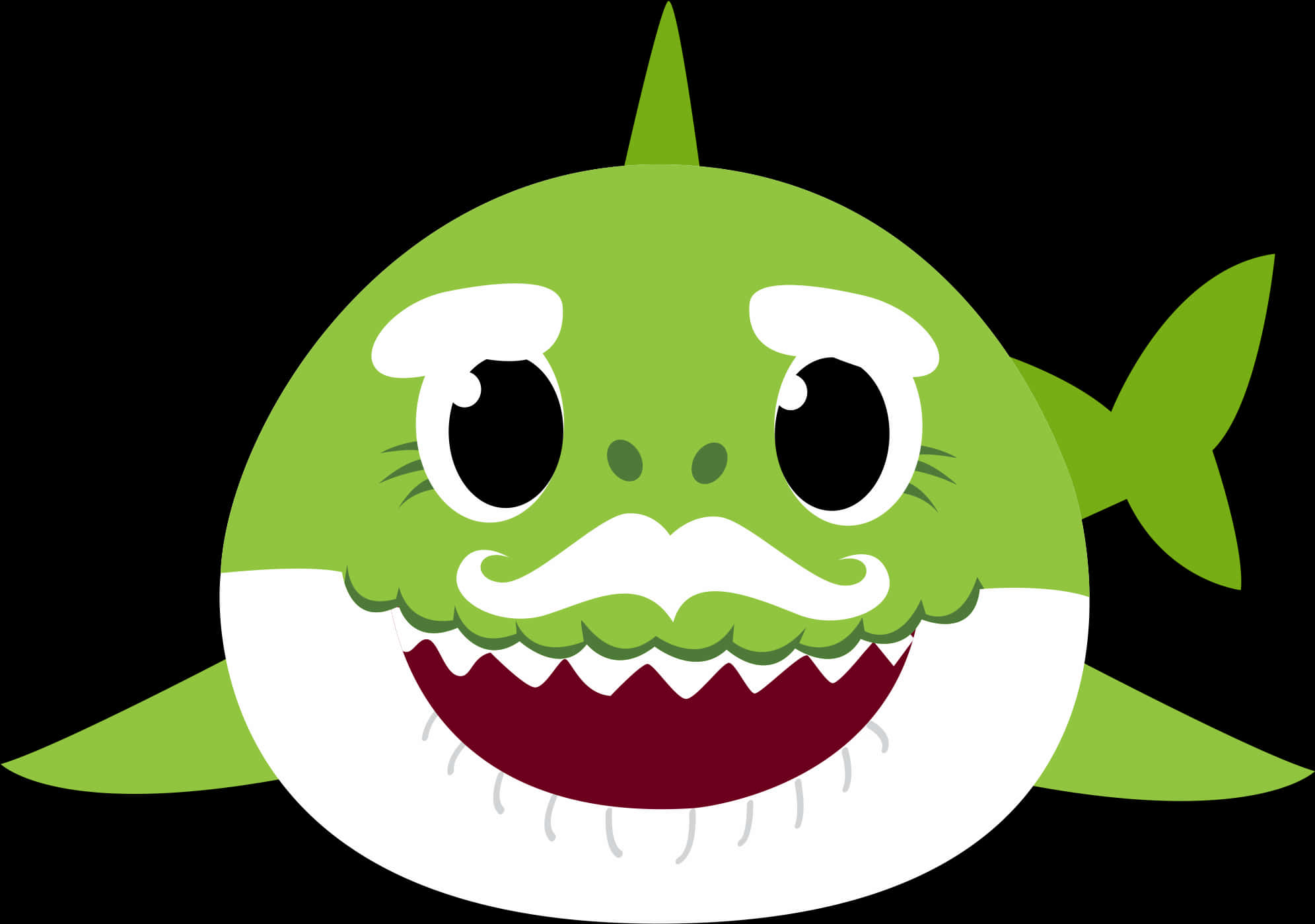 卡通小鯊魚插畫 壁紙 — 一條開心嘅綠色卡通鯊魚，有白色鬍鬚同埋咧嘴笑，背景係黑色。