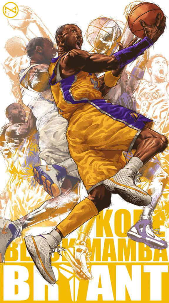 高比拜仁身穿黃色和紫色球衣入樽籃球，帶有「Black Mamba」文字的插圖。