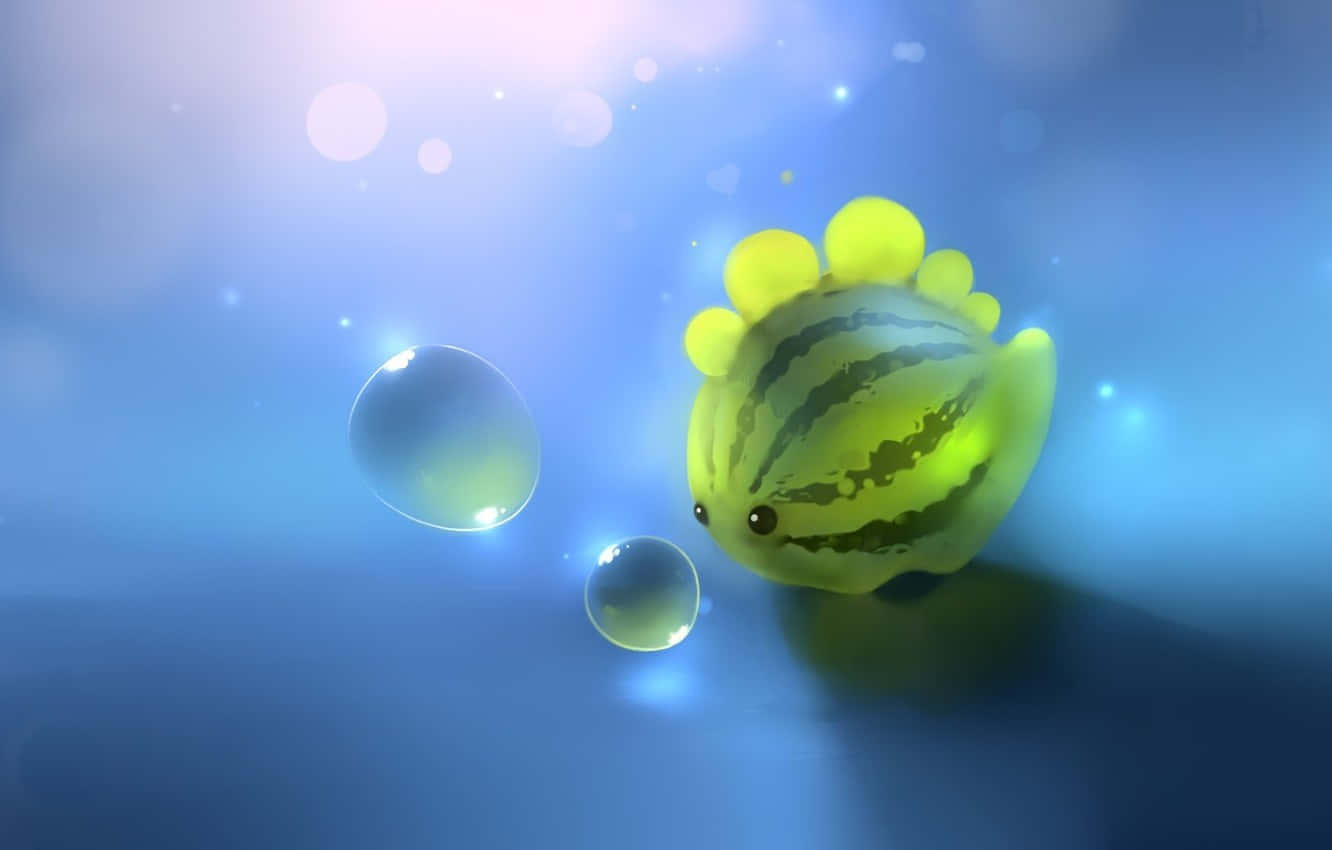 卡通恐龍在綠草如茵的田野中漫步 壁紙 — 一條可愛的西瓜魚，帶有黃色刺，在藍色水中游動，旁邊有發光的泡泡。