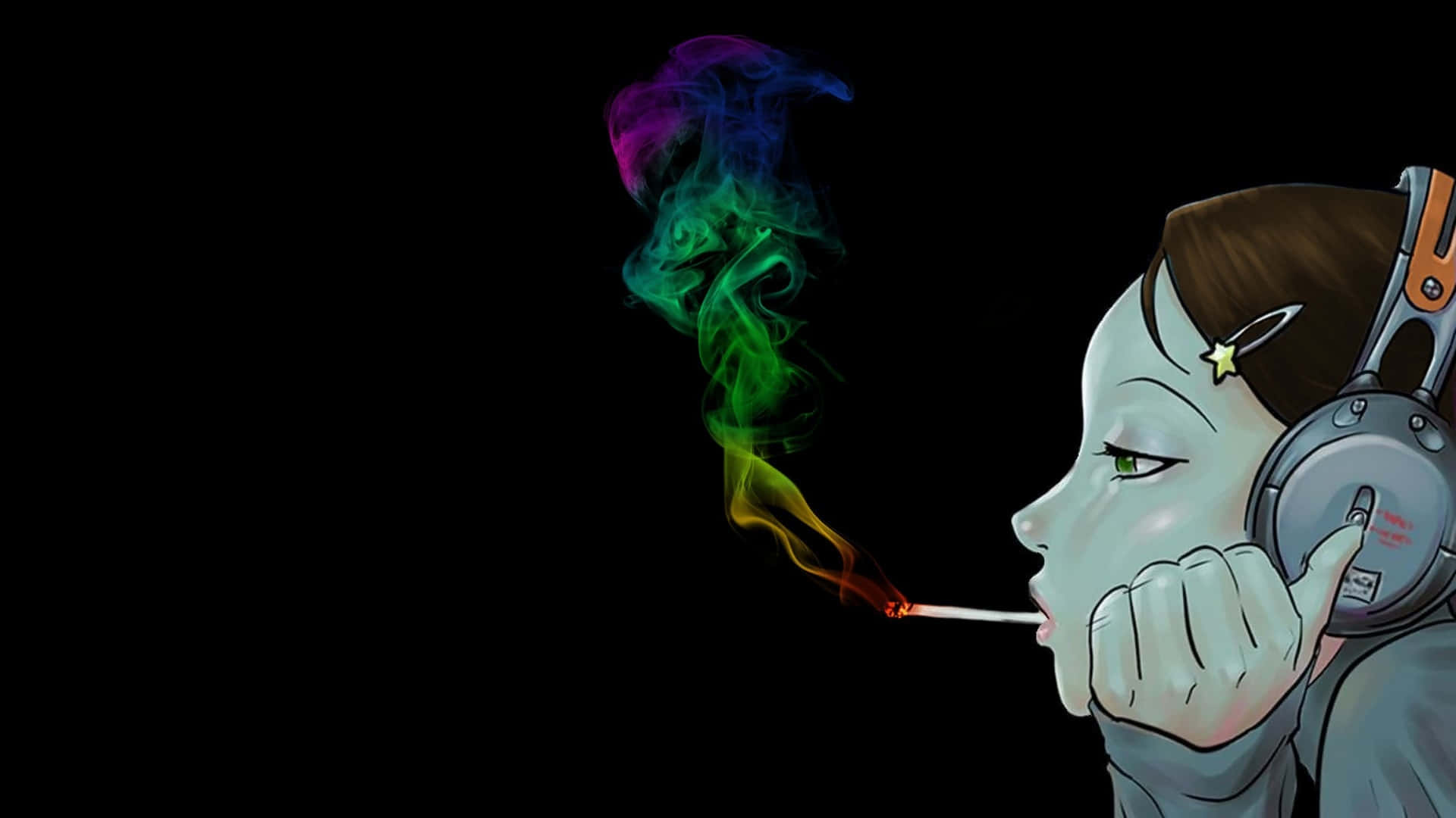 戴耳機的女孩在黑色背景上呼出彩虹煙霧