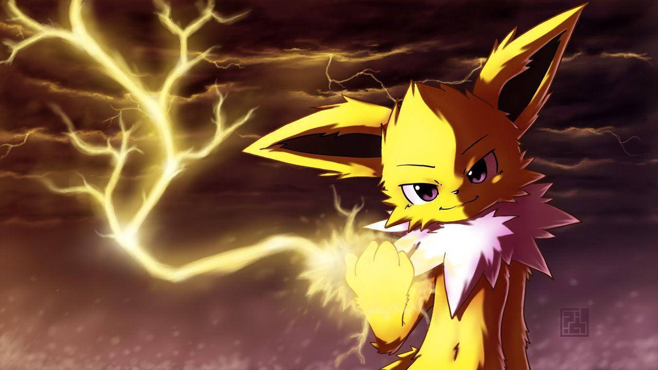 黃色狐狸寶可夢在暴風雨的天空中產生閃電。