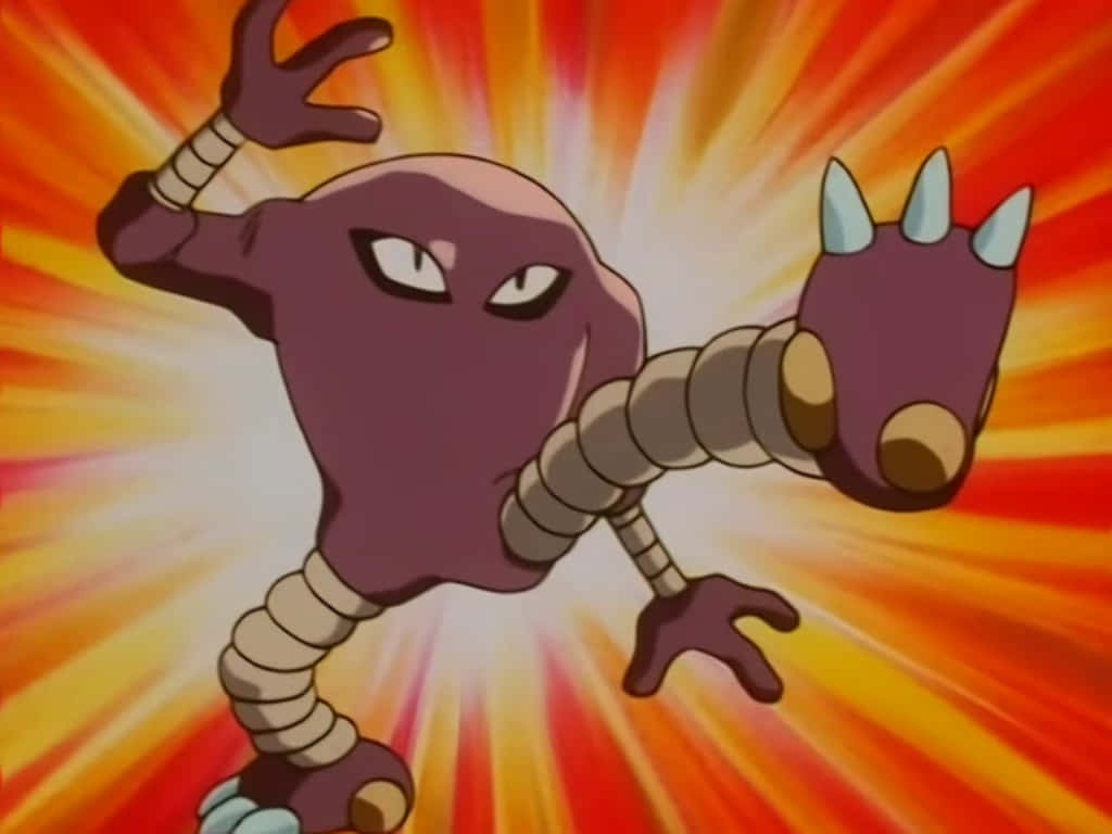 卡通擊倒拳擊手 壁紙 — 一隻紫色嘅寶可夢，有分節嘅手臂同尖刺拳頭，向住一個火辣辣嘅橙紅色放射狀背景向前攻擊。