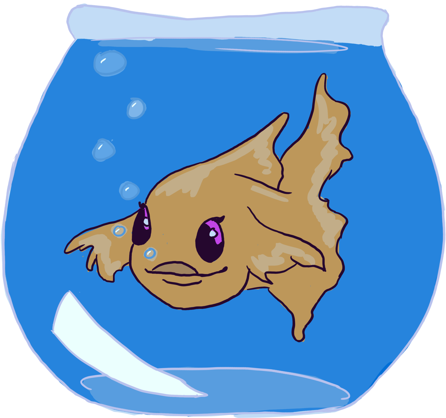 卡通斗魚魚缸 壁紙 — 一條可愛的卡通金魚，紫色眼睛，在藍色魚缸中游動，周圍有氣泡升起。