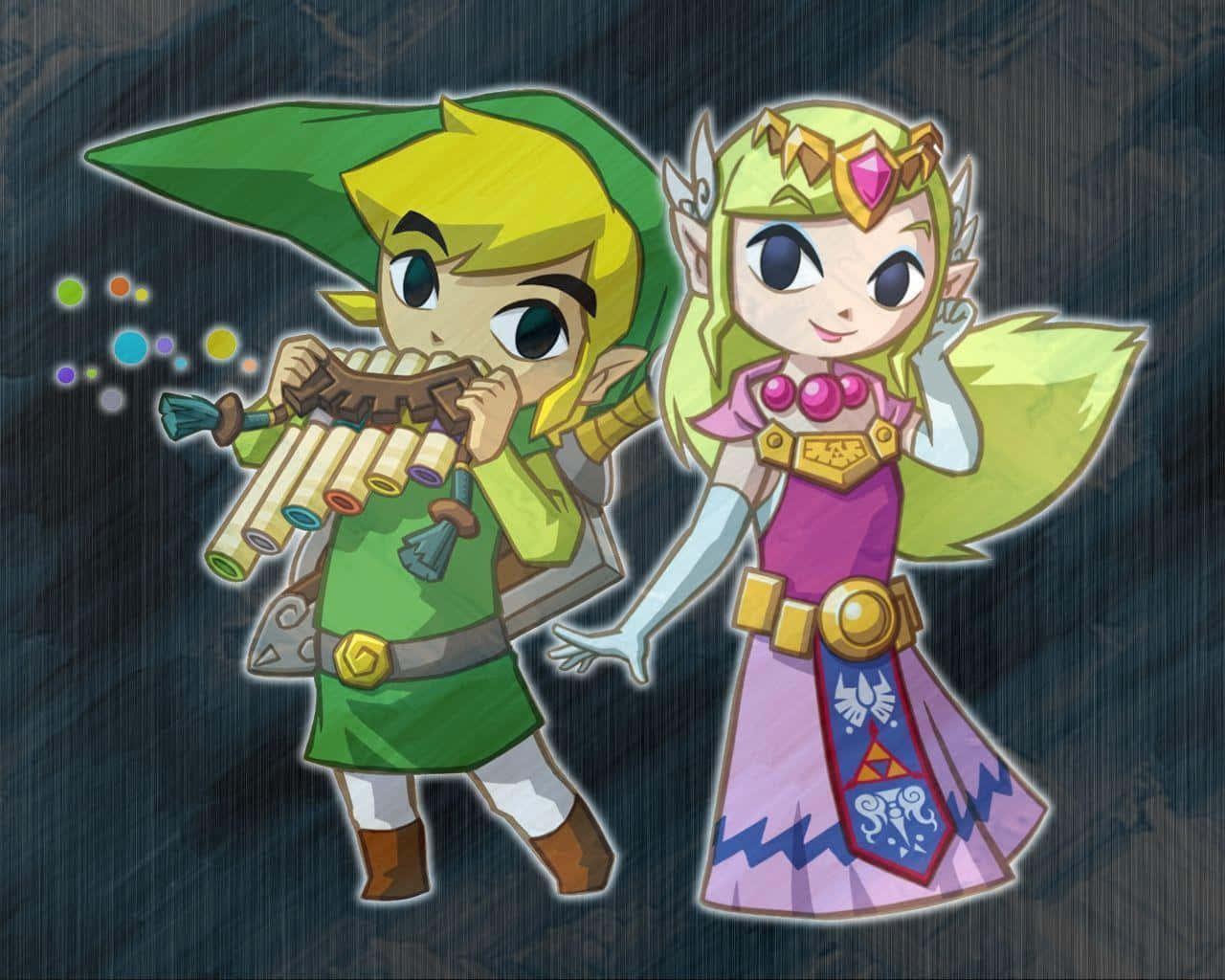 Chibi Link 吹奏陶笛，Zelda 穿著奇幻服裝站在他旁邊。