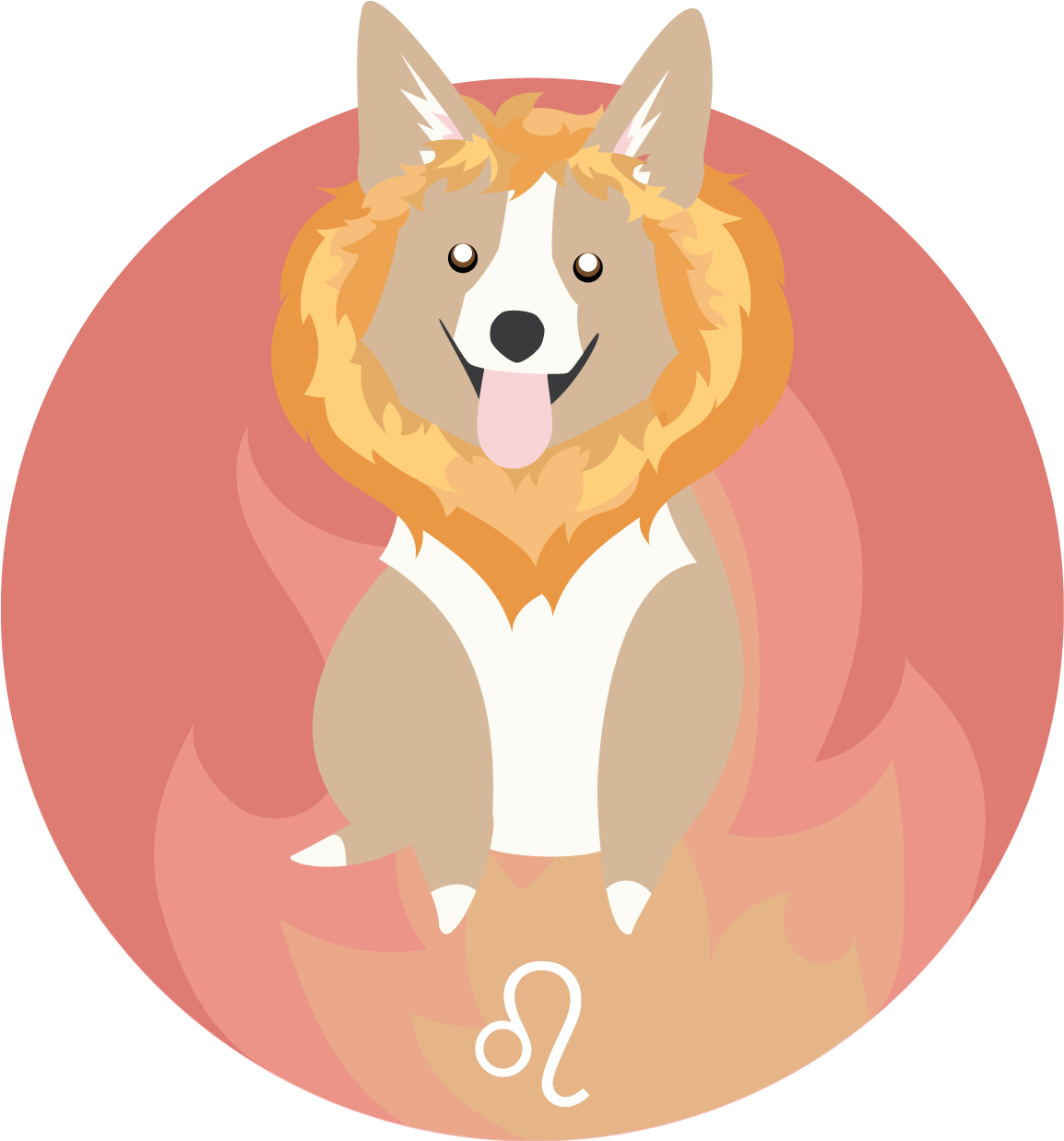 卡通柯基犬微笑圓形背景 壁紙 — 一隻戴著獅子鬃毛的開心哥基犬，驕傲地坐在粉紅色圓形背景前，帶有獅子座星座符號。