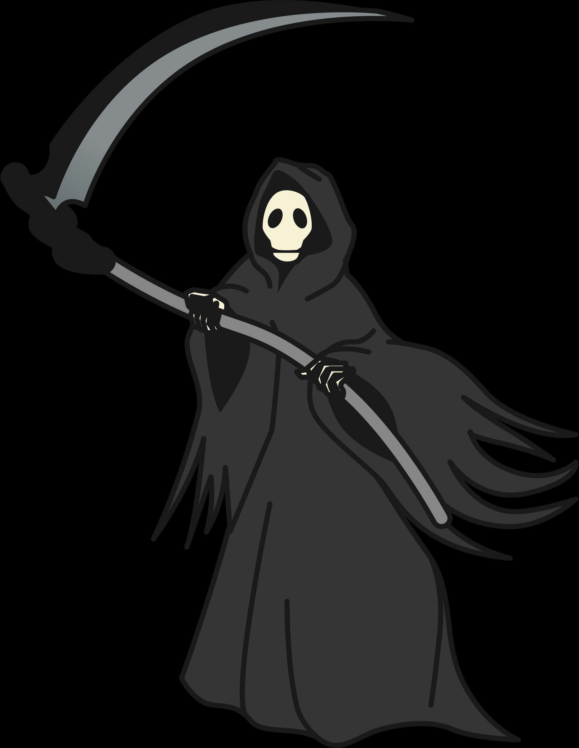 卡通死神插畫 壁紙 — 一個卡通死神穿著黑色長袍，在純黑色背景上拿著一把大銀鐮刀。