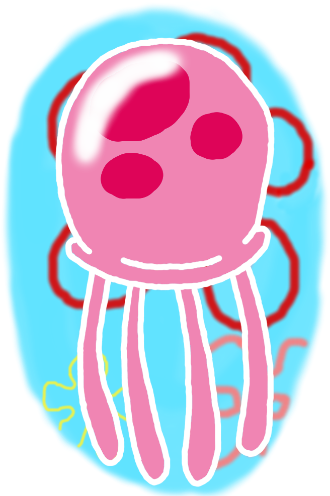 卡通水母插畫 壁紙 — 一隻卡通粉紅色水母，帶有紅色斑點和觸手，漂浮在淺藍色海洋中，伴有紅色和黃色的波浪線。