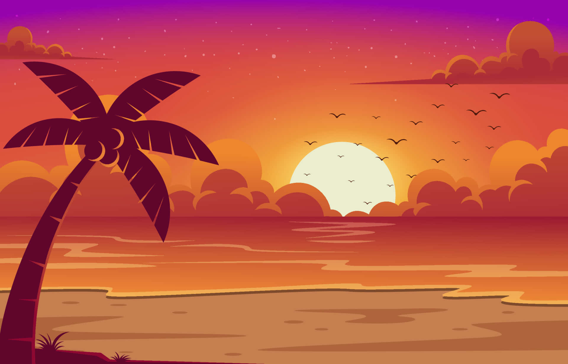 卡通海灘場景，有棕櫚樹和夕陽 壁紙