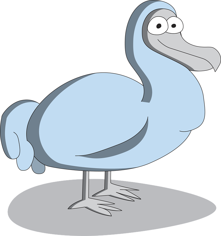 卡通渡渡鳥插圖 壁紙 — 一隻卡通渡渡鳥，有淺藍色羽毛和灰色喙，站在灰色平台上，背景為黑色。
