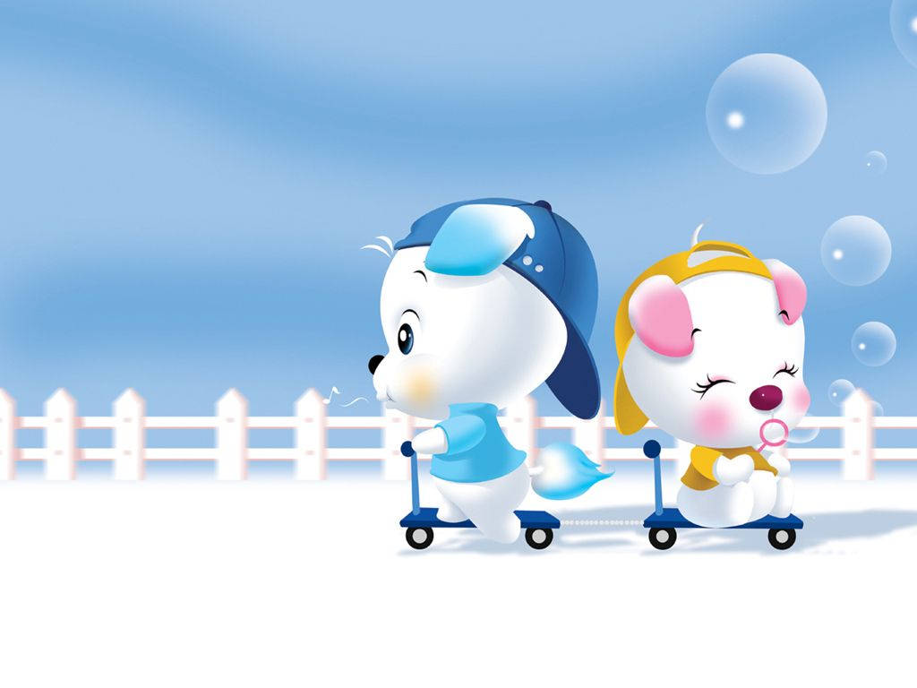 兩隻卡通動物在滑板車上，在白色柵欄附近吹泡泡。