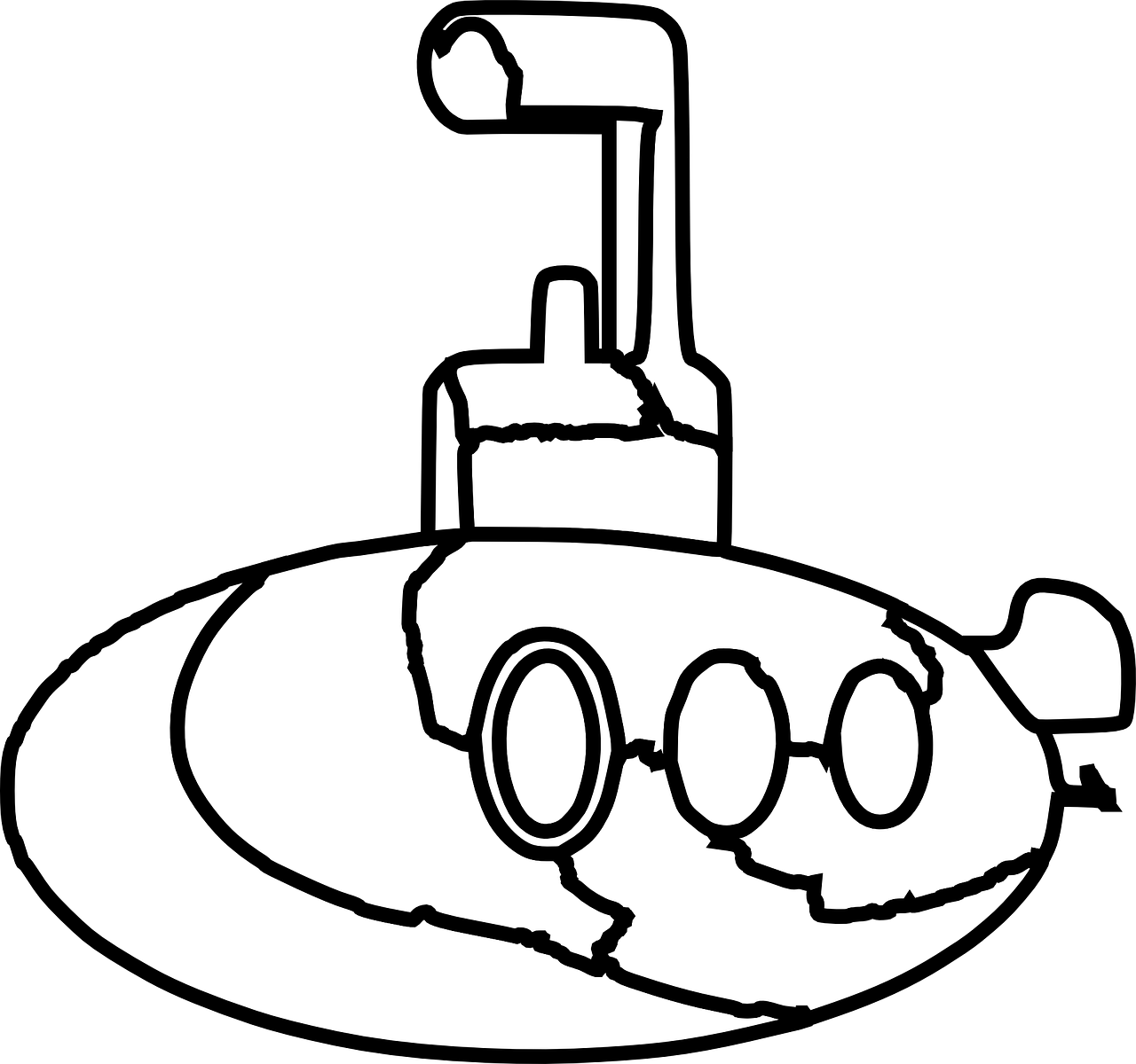 卡通潛艇線稿 壁紙 — 一艘卡通潛艇的極簡黑白線條畫，帶有圓形舷窗和潛望鏡。