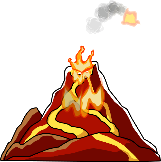 卡通火山爆發圖 壁紙 — 卡通火山爆發，亮橙色熔岩沿著紅色山坡流下，灰色煙霧從山頂冒出。