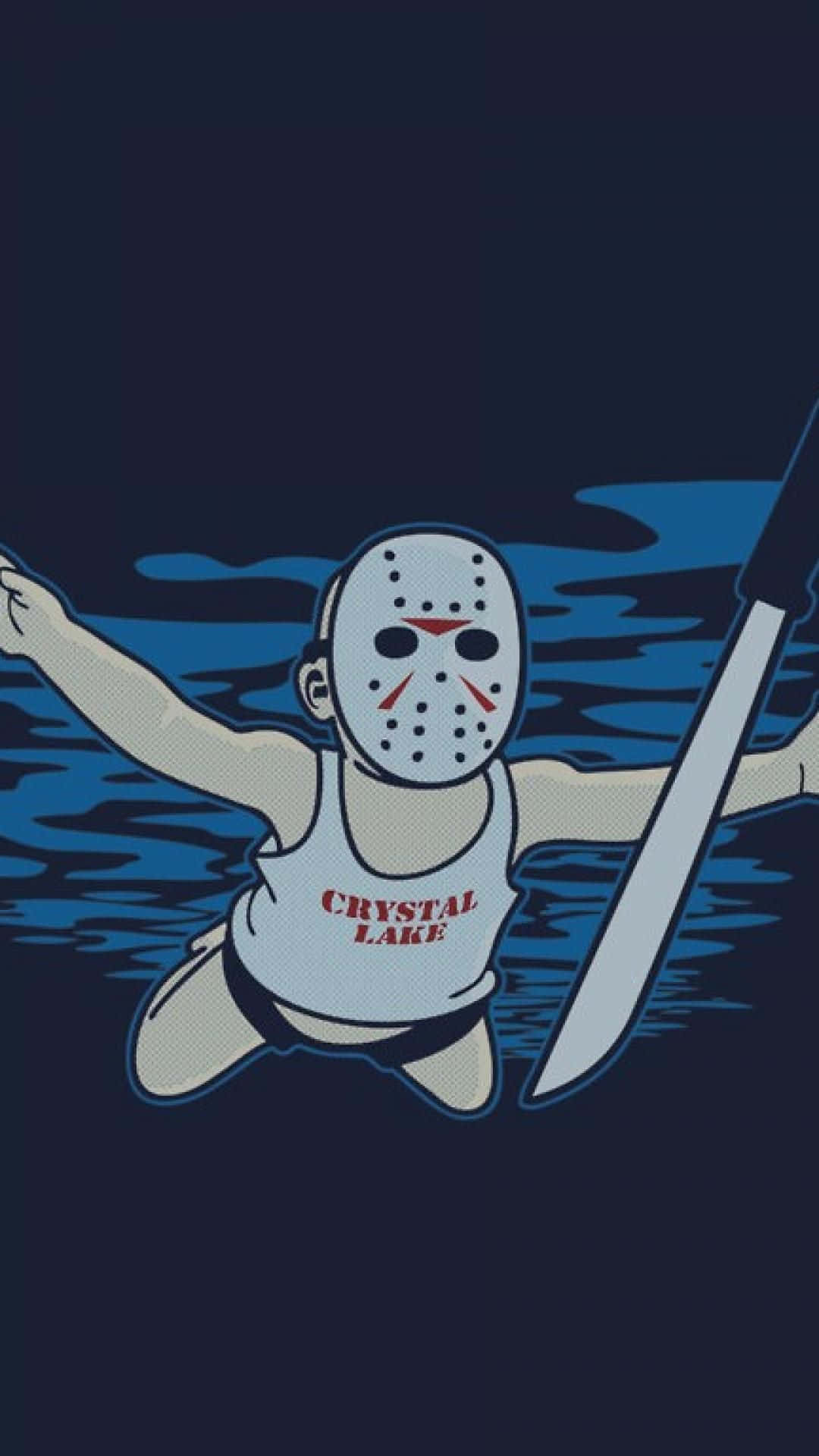 星期五的13日 桌布 壁紙 — 卡通版 Jason Voorhees 從暗水中出現，手持砍刀，身穿「Crystal Lake」背心。