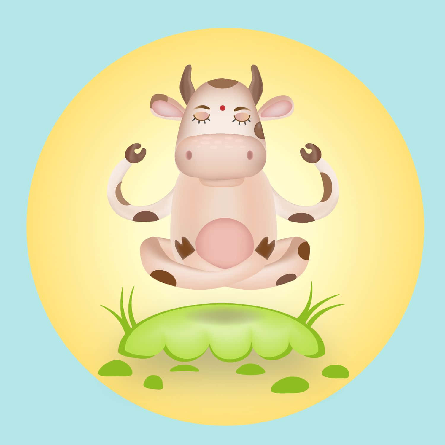 一隻卡通牛在草地上以蓮花坐姿冥想。
