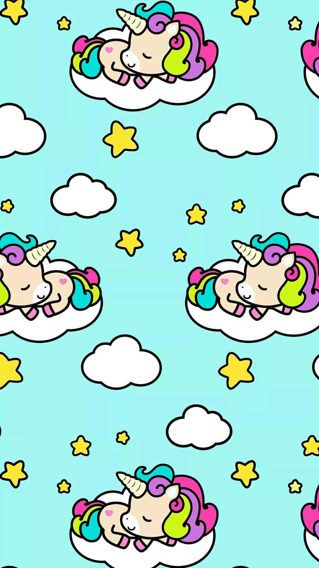 在粉彩天空下，獨角獸在雲朵上與星星一起入睡。